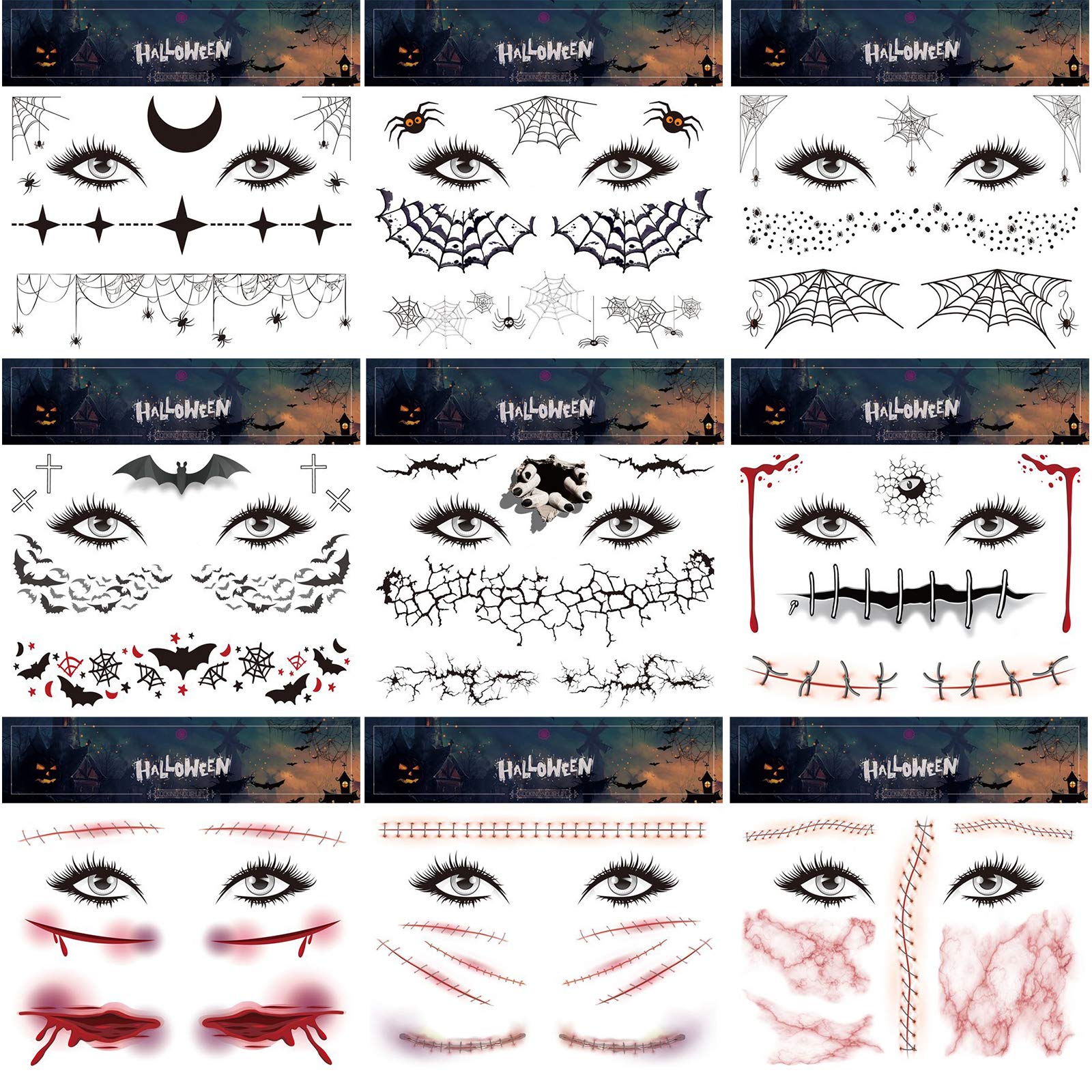 Spider Bat Horror Fake Temporary Tattoos for Halloween - Scary Face Tattoo Stickers for Women, Men & Kids | Halloween Party Supplies & Costume Accessories | Perfect for Costume Parties, Trick or Treat & Halloween Events