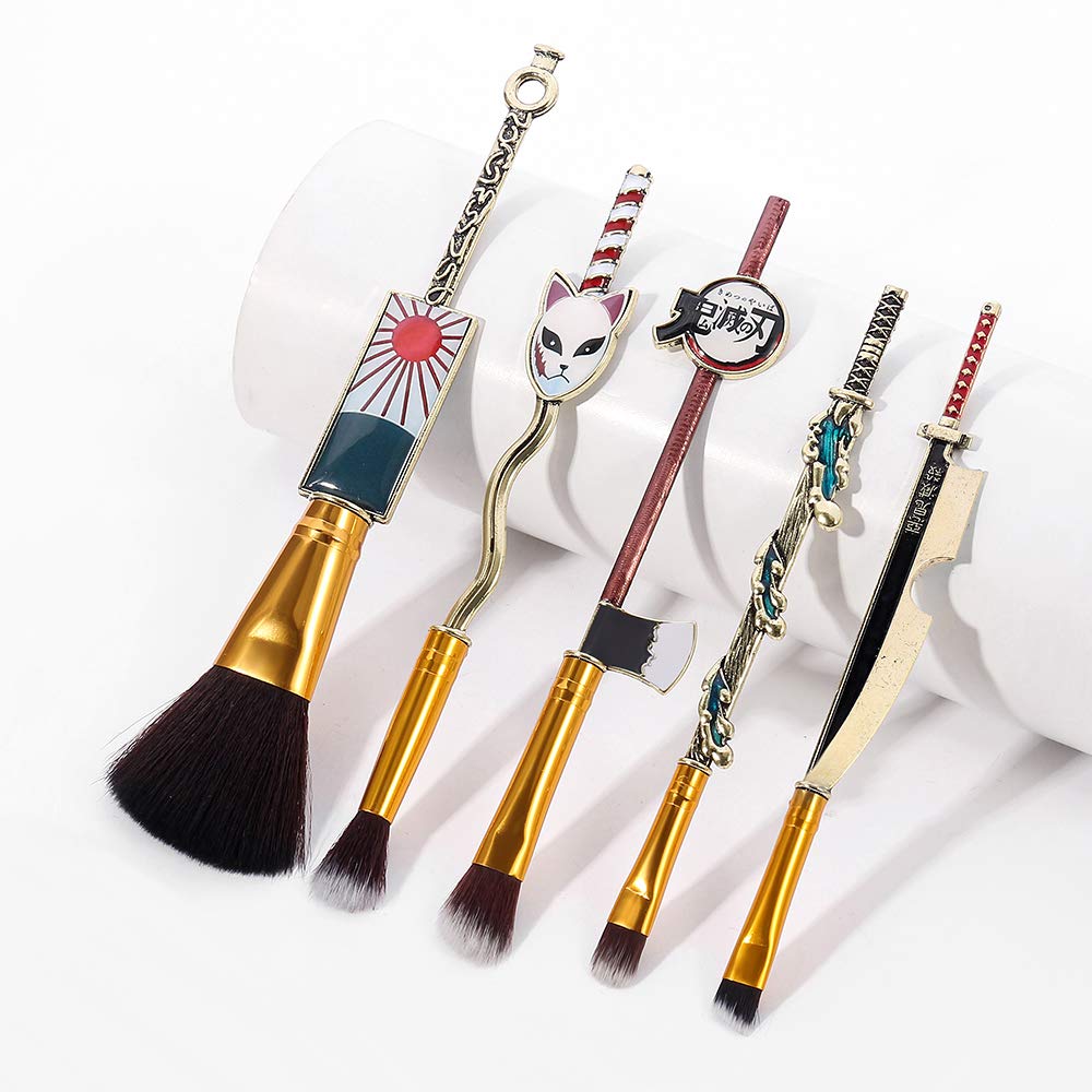 Demon Slayer Anime Makeup Brushes Set - 5pcs Kimetsu no Yaiba Cosplay Brushes with Metal Handle (Nezuko & Tanjiro Design) | Perfect Gift for Anime Fans | Ideal for Cosplay, Halloween & Makeup Artistry