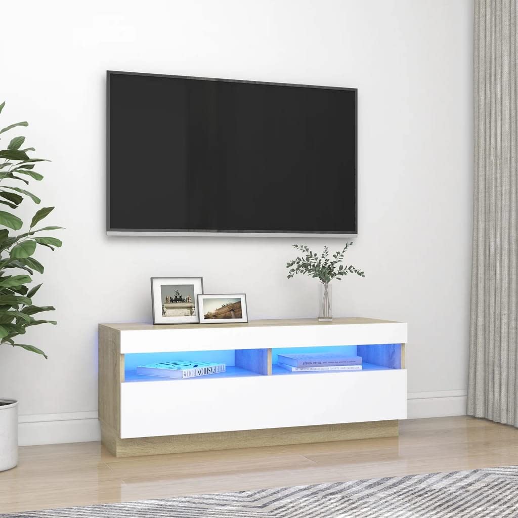 Sywamol TV Stand for 65 Inch TV with Storage & LED Lights - Modern TV Cabinet in White & Sonoma Oak (39.4