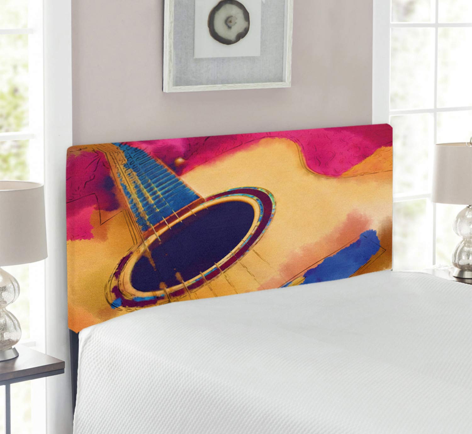 Ambesonne Guitar Headboard - Abstract Strings Watercolor Design Vintage Style Upholstered Metal Bed Headboard with Memory Foam - Twin Size in Violet Blue Magenta - Perfect for Music Lovers Bedroom Decor & Teen Girls Room Aesthetic