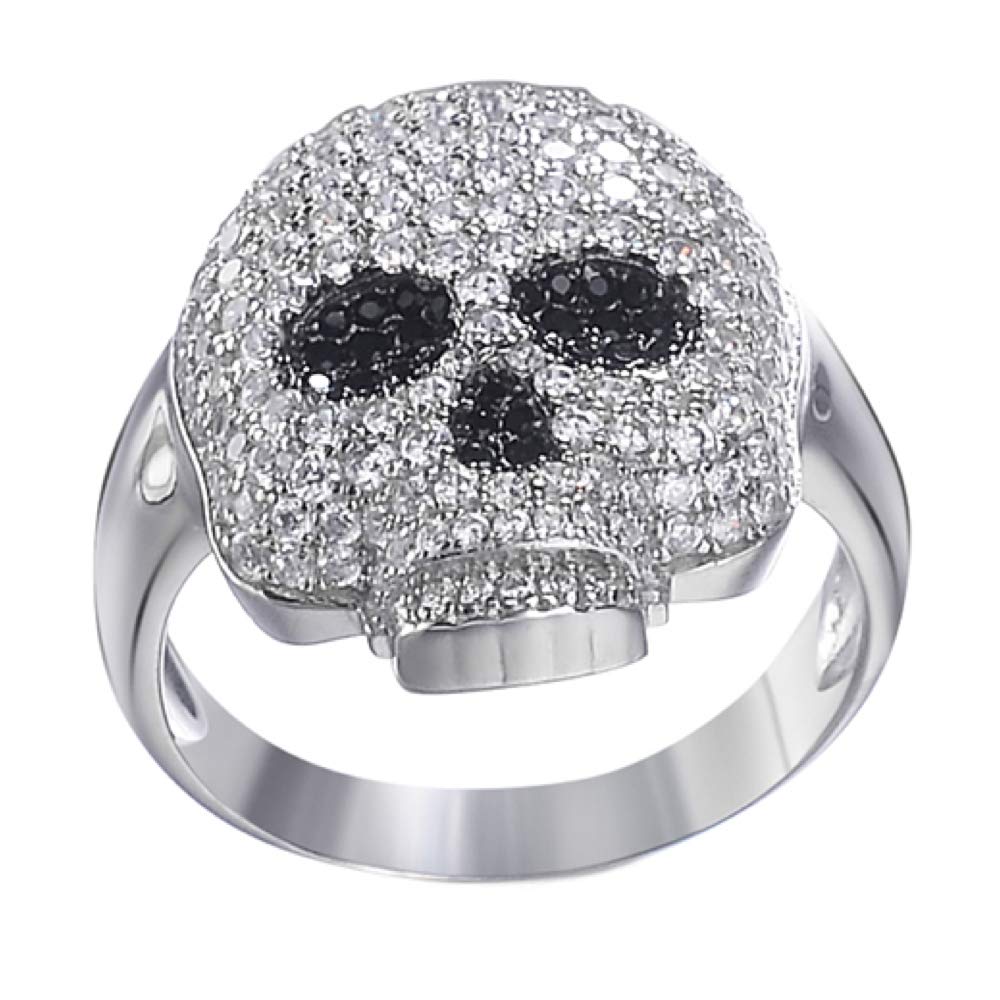 925 Sterling Silver Men's Iced Skull Emoji Ring with Black Diamond Eyes - Gothic Santa Muerte Pinky Ring for Men - Hip Hop Jewelry Gift for Boyfriend - Perfect for Parties, Concerts and Streetwear Fashion