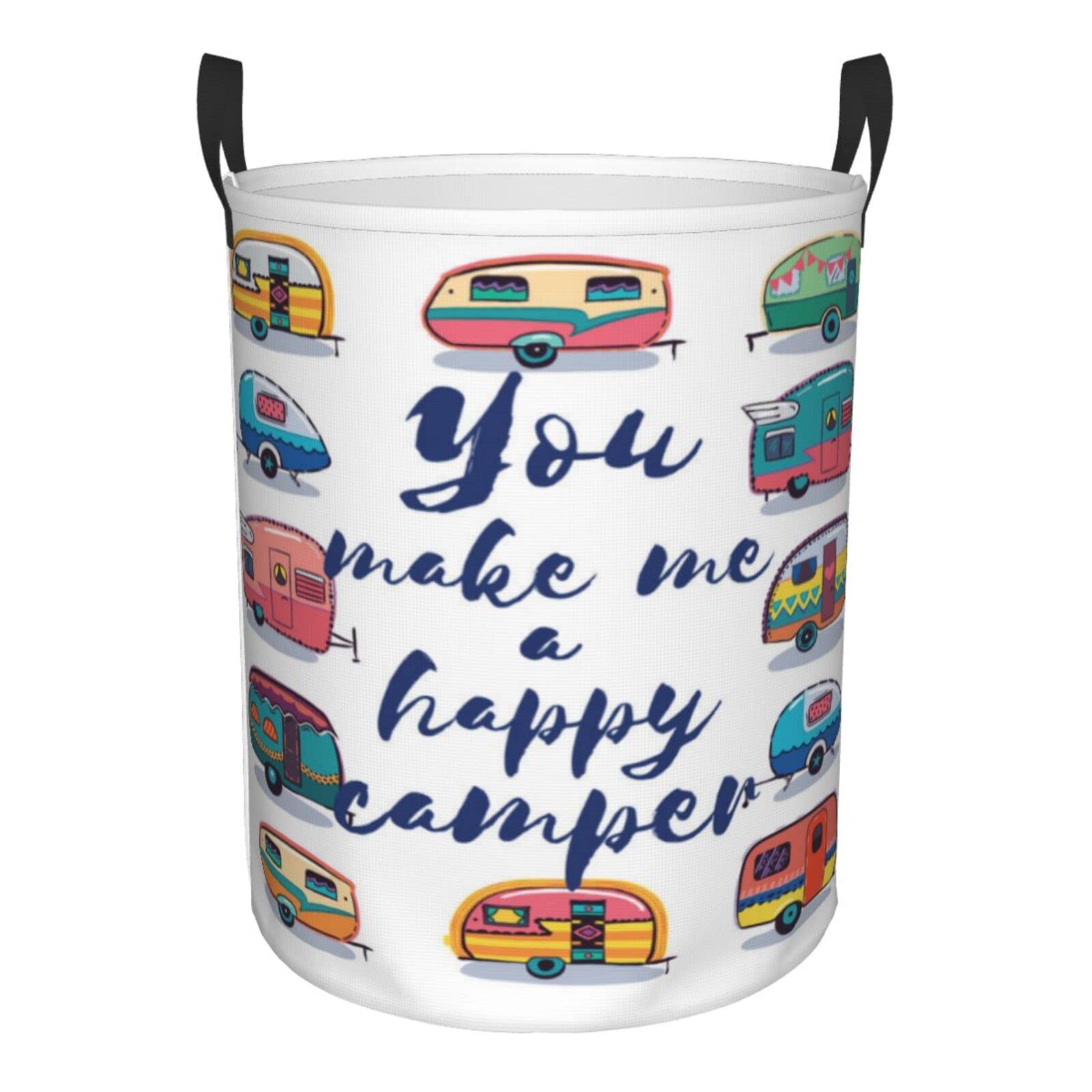 Retro Travel Graphic Collapsible Laundry Hamper - Motivational 'Happy Camper' Design with Handles, Perfect for Clothes Storage, Toy Organization & Camping Trips