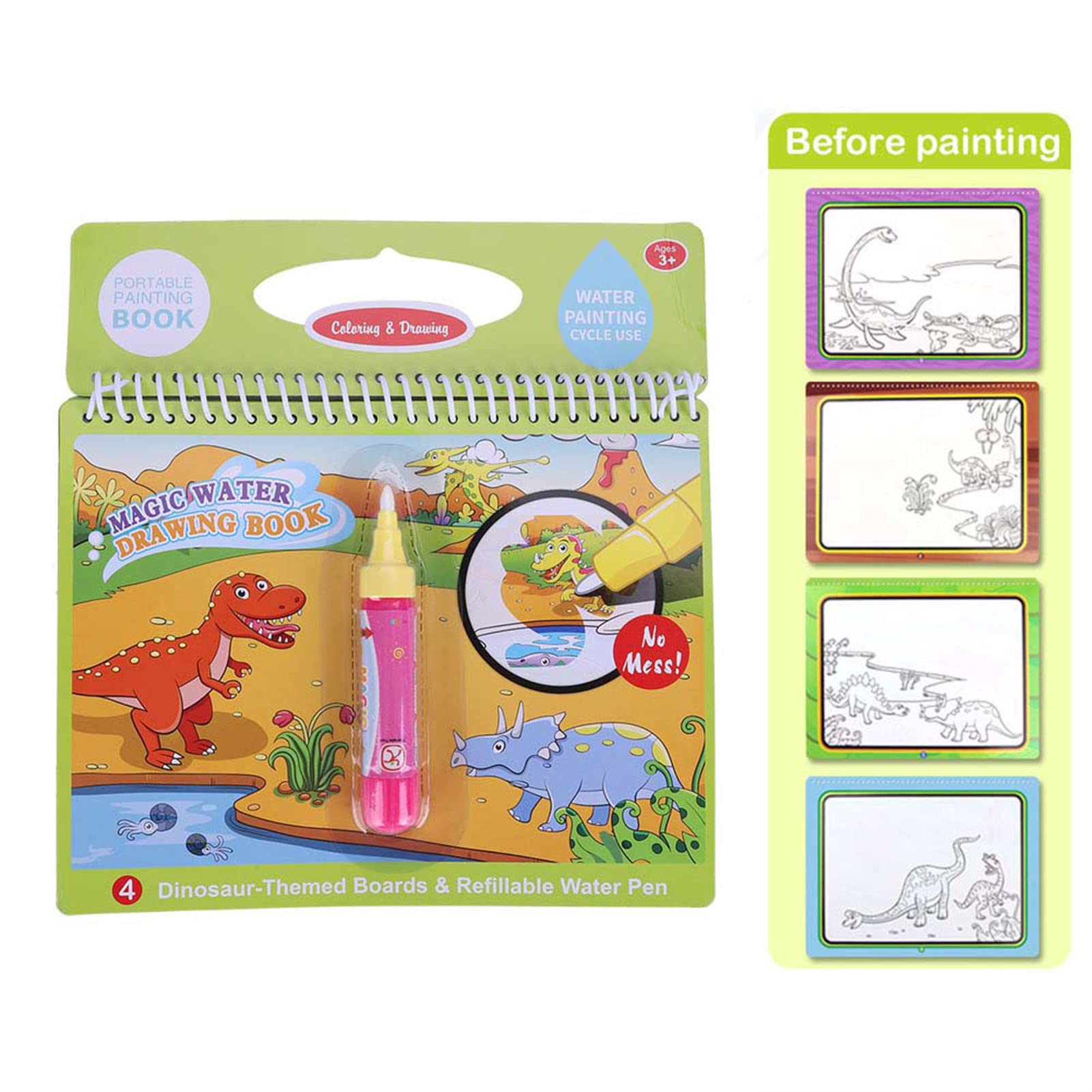 Dinosaur Water Drawing Book for Kids - Portable Water Coloring Book with Pen, Educational Toy Gift for Toddlers & Children - Perfect for Travel, Home Learning & Creative Play