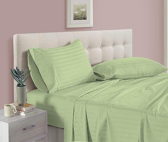 Luxury 1500 Thread Count Egyptian Cotton Queen Size Sheet Set (60x80) - Deep Pocket Fits 10-12 Inches - Hotel Quality Bedding - Sage Green Stripe - Perfect for Guest Rooms & Master Bedrooms