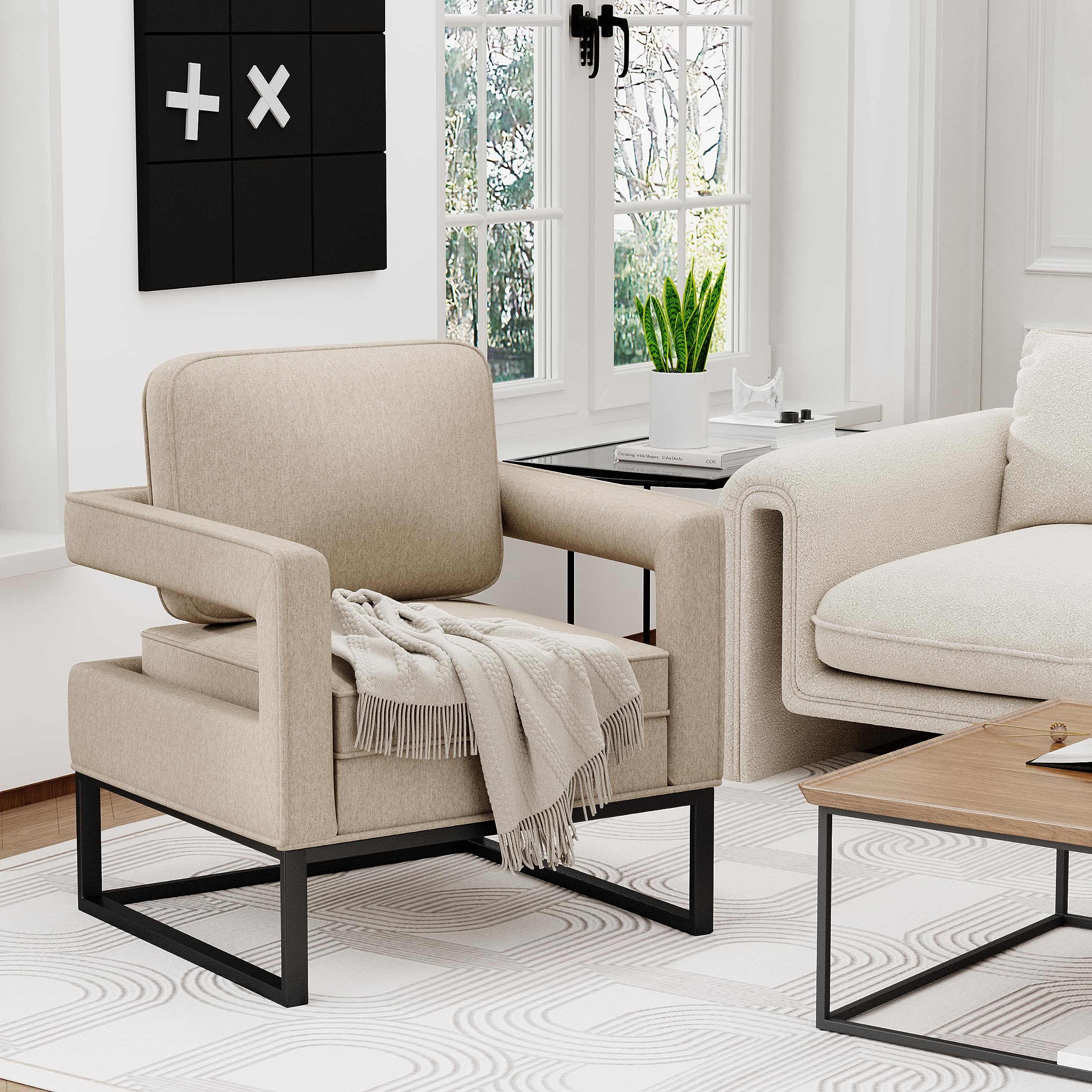Andeworld Mid Century Modern Accent Chair - Upholstered Armchair for Living Room, Bedroom & Apartment - Comfortable Lounge Chair for Reading & Relaxing - Beige Fabric Sofa Chair - Perfect for Small Spaces & Home Decor