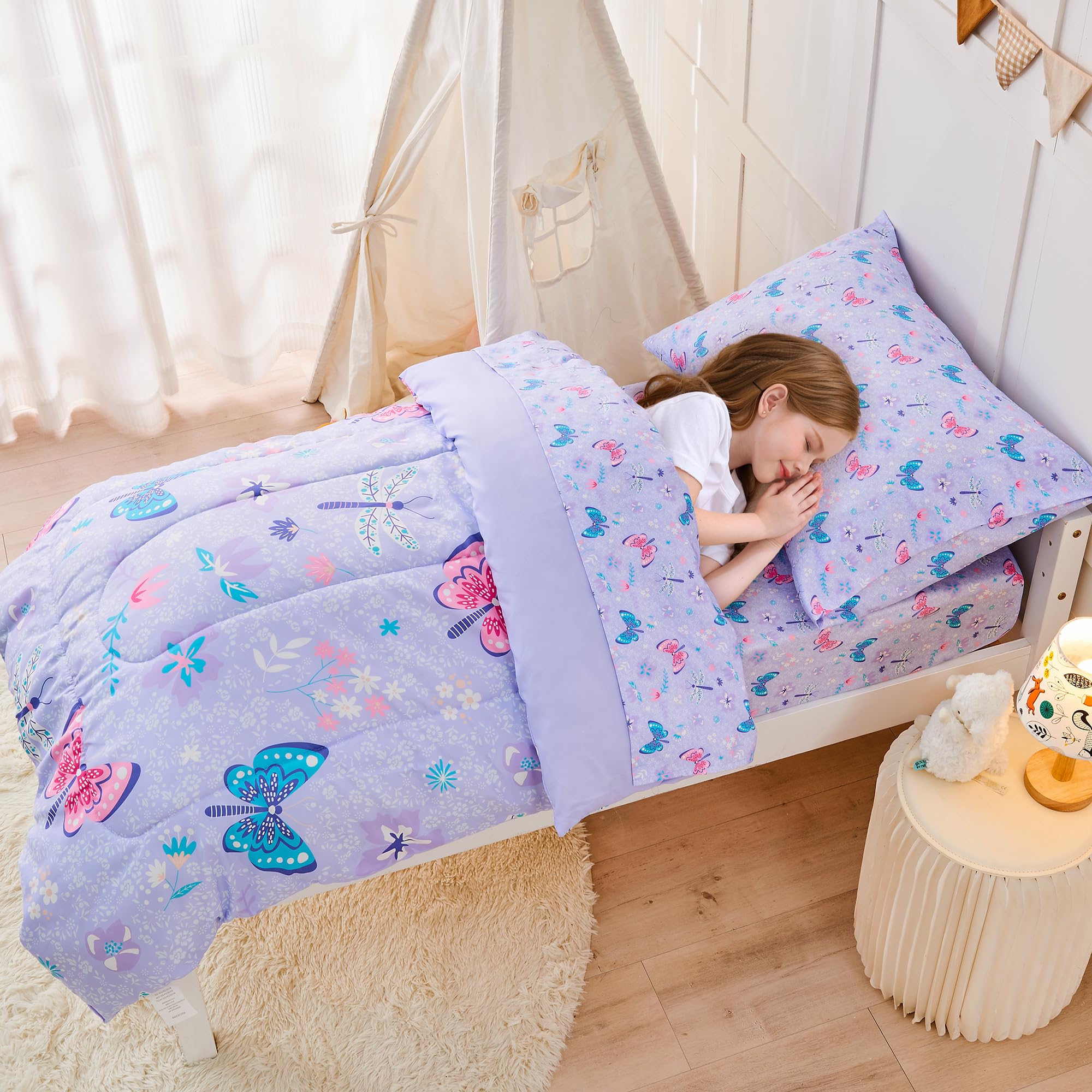 Butterfly Toddler Bedding Set for Girls - 4 Piece Bed-in-a-Bag Comforter Set with Super Soft Microfiber Sheets | Nursery Decor & Toddler Room Essentials for Sweet Dreams
