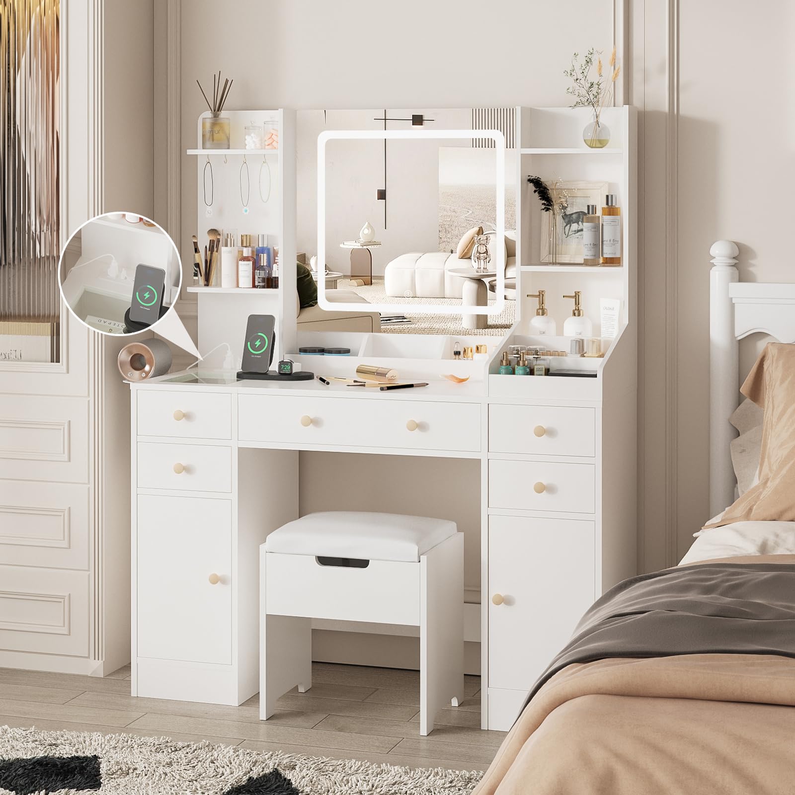 Fameill White Vanity Desk with Mirror and LED Lights - 45 Inch Makeup Vanity Table with Charging Station, 5 Drawers & Storage Space - Includes Comfortable Bench - Perfect for Bedroom, Dressing Room & Beauty Salon