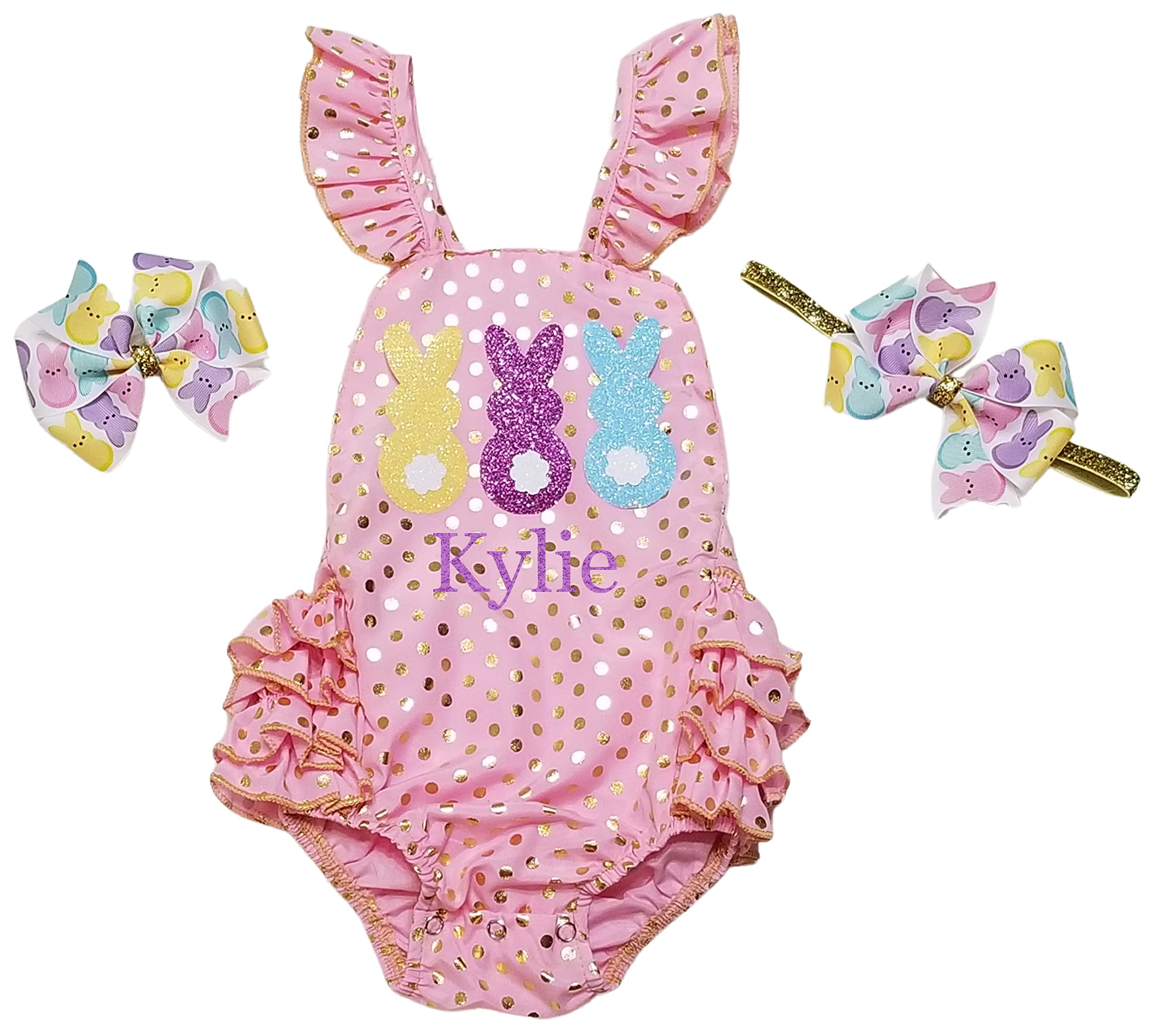 Personalized Easter Bunny Romper Outfit - Pink & Gold Baby Jumpsuit for Easter, Cake Smash, Photo Shoots & Spring Celebrations