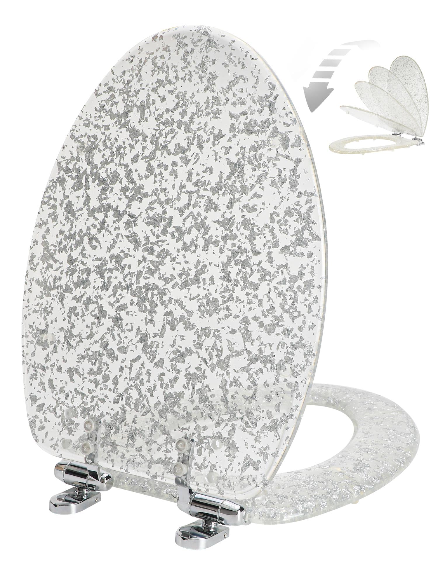 Glitter Silver Resin Elongated Toilet Seat with Slow Quiet-Close Lid - Heavy Duty Standard Size Toilet Seat (19 Inch, Silver Foil, Upgraded Hinge) - Easy Installation & Cleaning for Bathroom, Home & Commercial Use