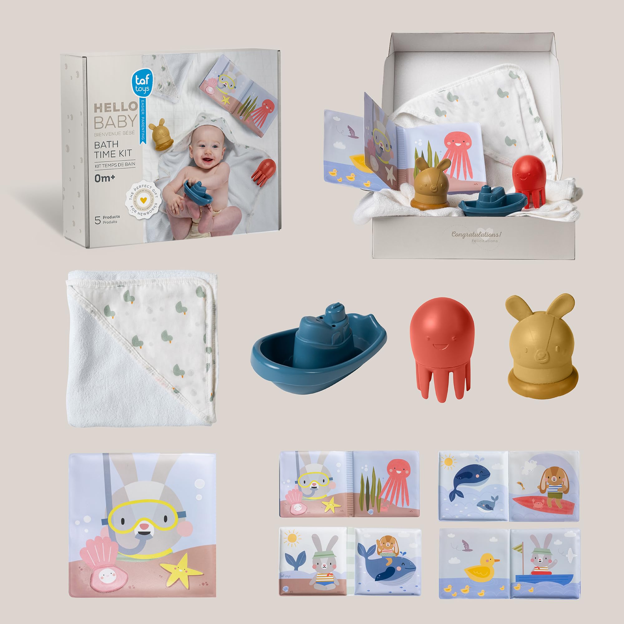 Taf Toys Baby Bath Time Kit - Includes Bath Book, Hooded Towel, Squeaky Toys & Boat - 5-Piece Newborn Essentials Set | Perfect Baptism Gift for Baby Boys & Girls | Fun Bathtime Play & Learning Experience