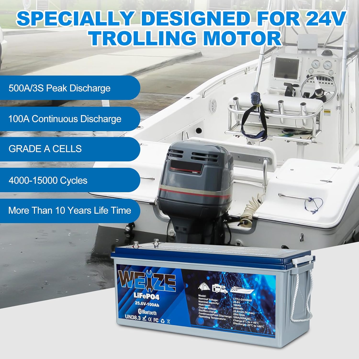 WEIZE 24V 100AH Bluetooth LiFePO4 Lithium Battery with Built-in 150A BMS | Low Temperature Protection | 500A/3S Peak Discharge | Deep Cycle Battery for Trolling Motor, Solar System, RV, Camping & Off-Grid Applications | Perfect for Marine, Home Energy Storage & Outdoor Adventures