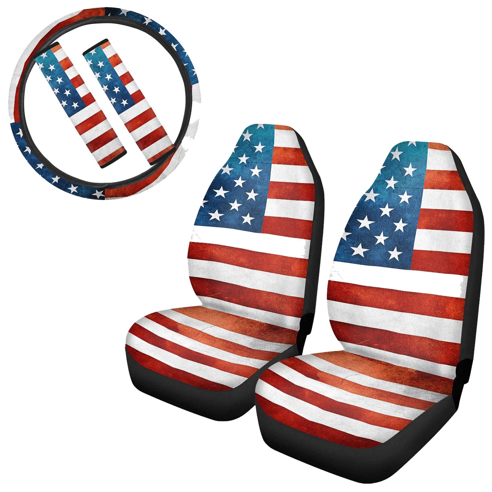 JEOCODY American Flag Print Car Interior Accessories Set - 5 Piece Bundle (2 Seat Covers, 1 Steering Wheel Cover, 2 Seatbelt Pads) Universal Fit for Most Cars, Trucks & SUVs - Patriotic Auto Decor for 4th of July, Memorial Day & Veterans Day