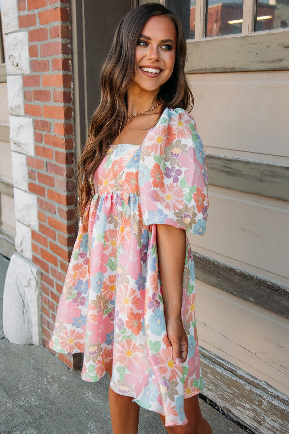 Women's Pink Floral Square Neck Puff Sleeve Babydoll Dress - Summer Casual Mini Dress for Beach, Party & Date Night