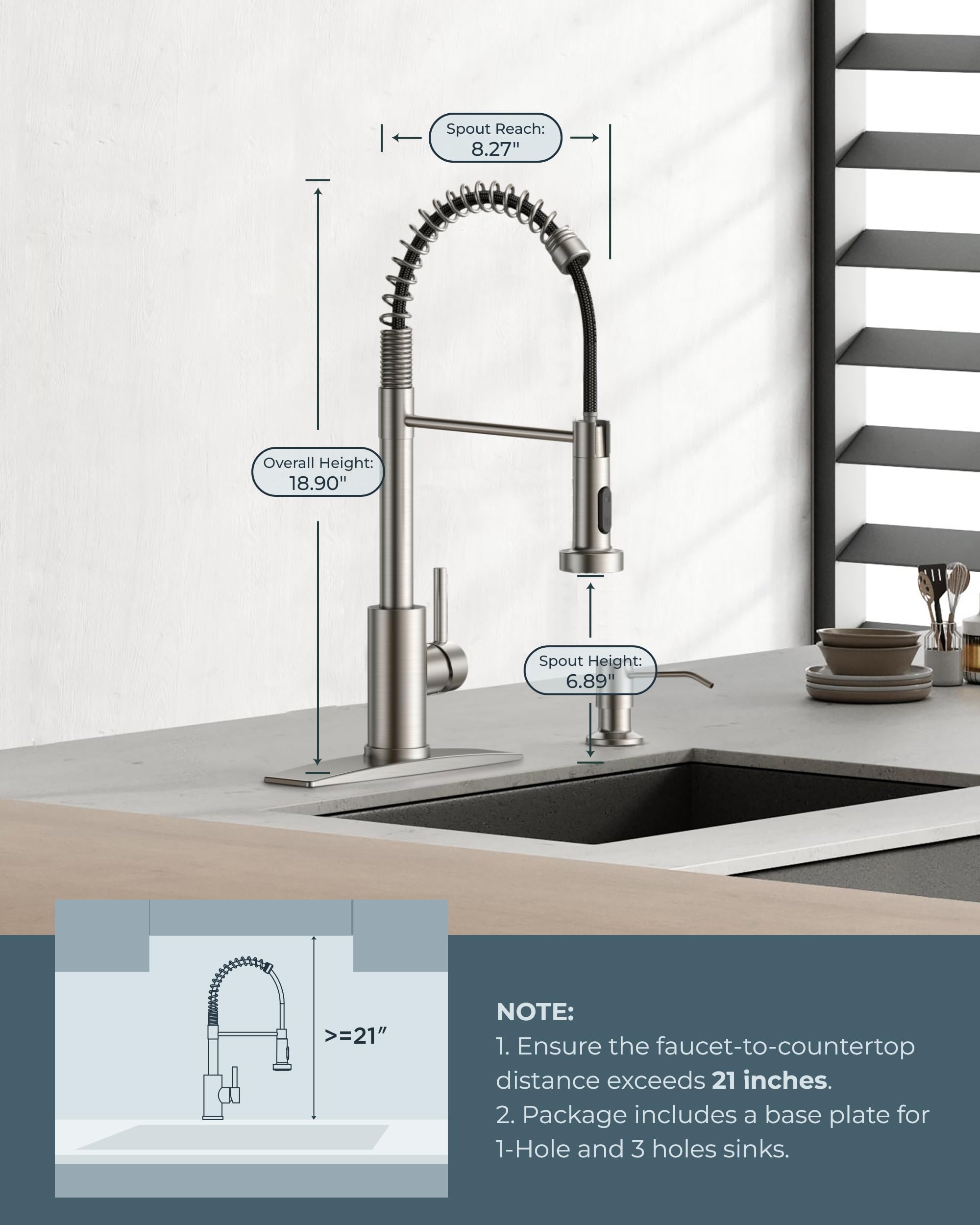 FORIOUS Brushed Nickel Kitchen Faucet with Pull Down Sprayer & Soap Dispenser - Perfect for Farmhouse, RV & Laundry Sinks