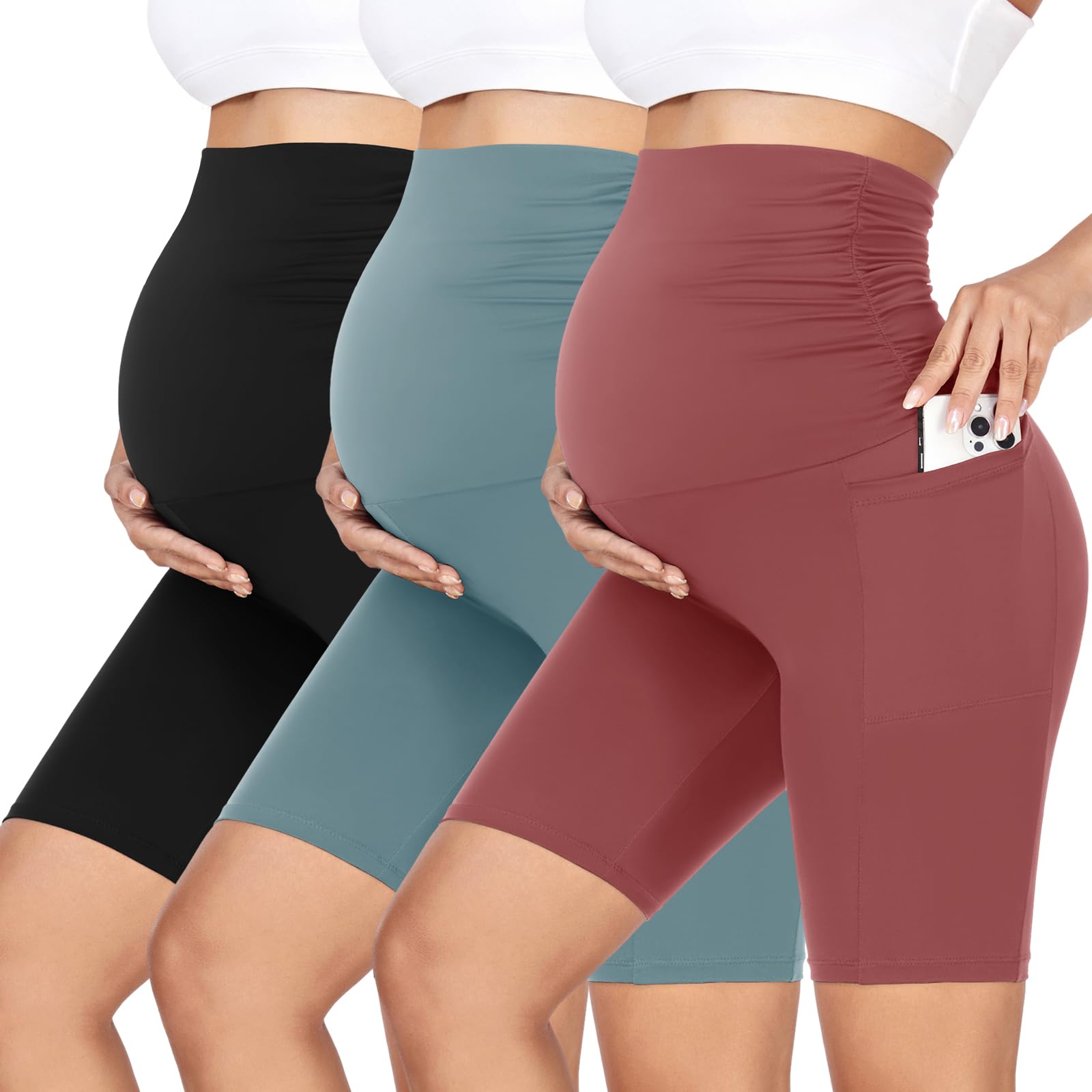 GROTEEN 3 Pack Women's Maternity Shorts Over Belly with Pockets - 8'' High Waisted Pregnancy Yoga Workout Biker Shorts for Comfortable Daily Wear & Exercise