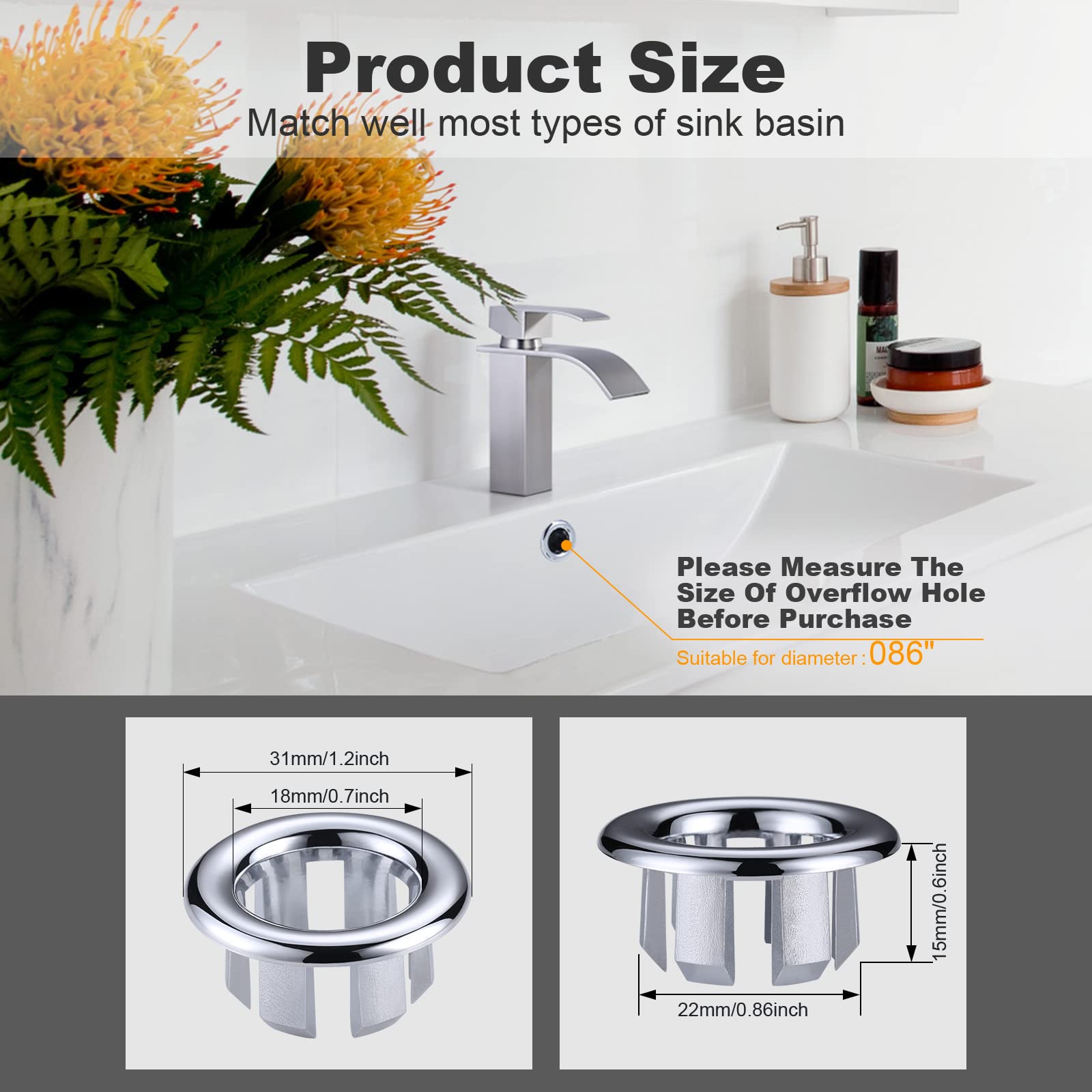 ARCORA 6 Pack Chrome Sink Overflow Ring Cover - Bathroom & Kitchen Sink Basin Trim Hole Insert Cap - Durable Stainless Steel for Leak Prevention & Aesthetic Upgrade (Perfect for Home Renovation & DIY Projects)