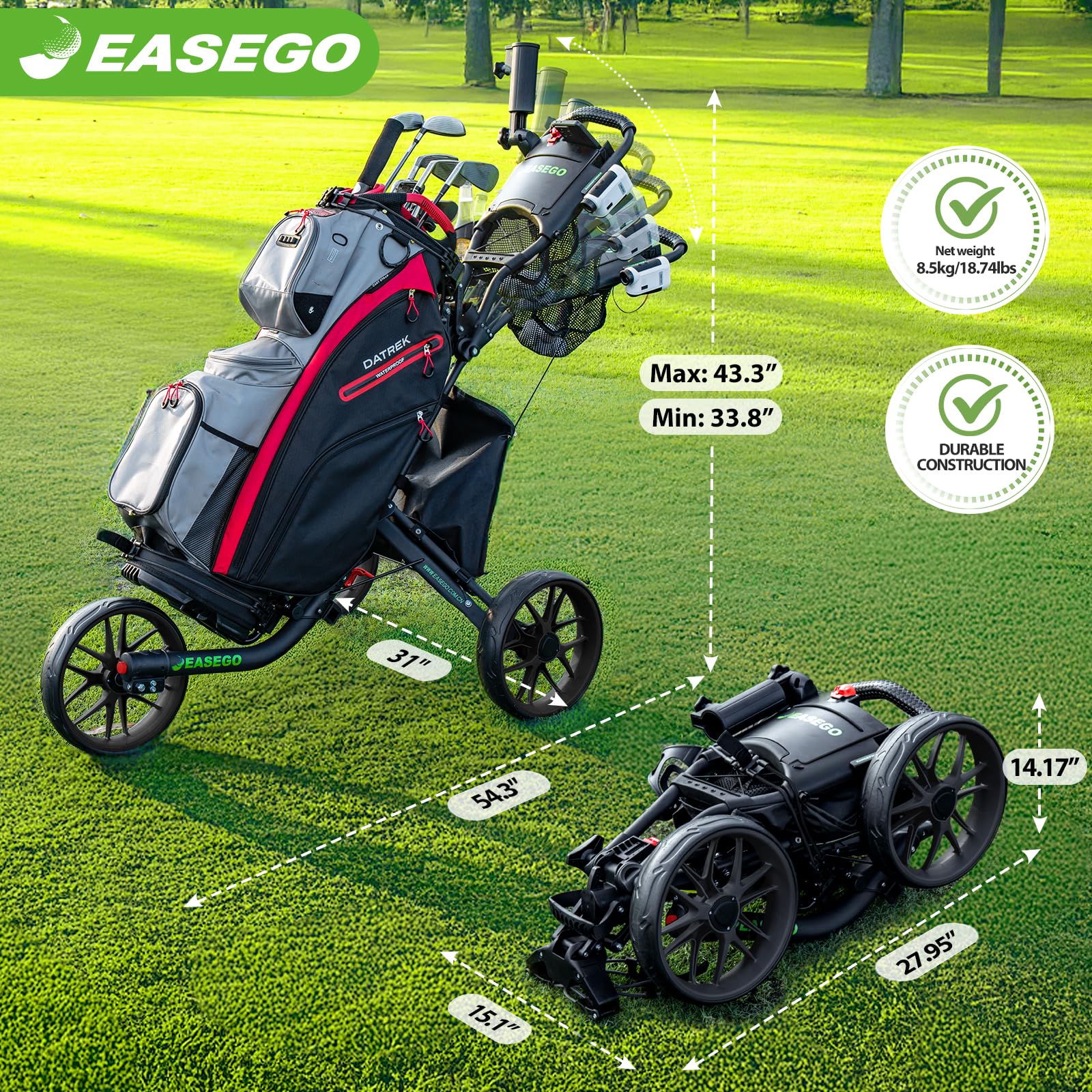 3 Wheel Golf Push Cart - Foldable Golf Bag Cart with Phone Holder, Cup Holder & Umbrella Holder | Compact Quick-Fold Design with Large Wheelbase for All Terrains | Perfect for Golf Courses, Driving Ranges & Outdoor Practice