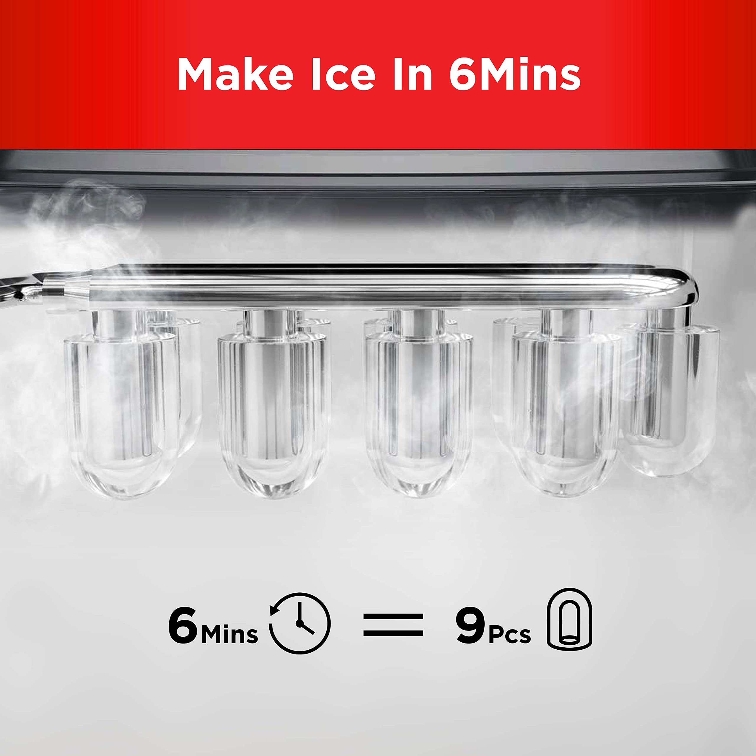 Silonn Countertop Ice Maker Machine - 9 Cubes in 6 Minutes, 26lbs Daily, Self-Cleaning with Ice Scoop & Basket - 2 Bullet Ice Sizes for Home, Kitchen, Office, Bar, Party (Red) | Perfect for Cocktails, Beverages, and Entertaining Guests