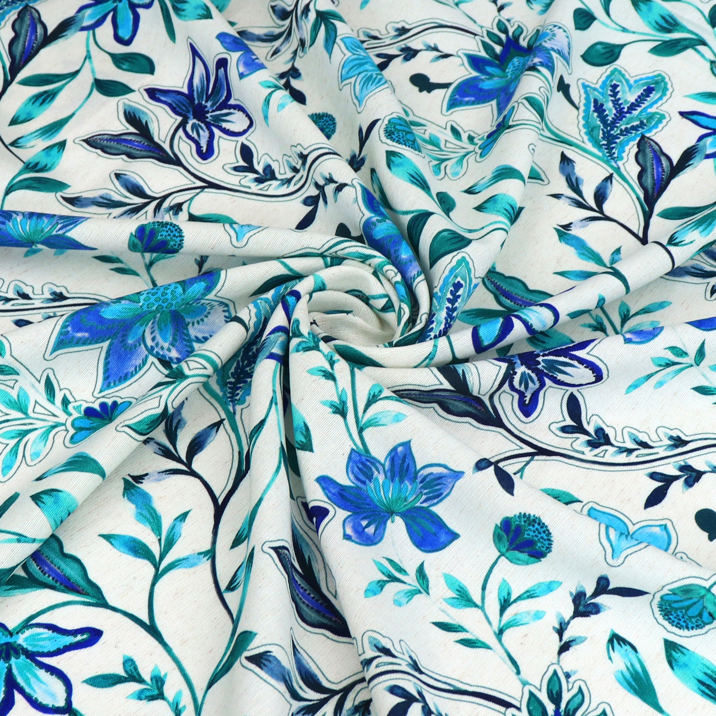 Premium Viscose Linen Fabric - Botanical Blue Floral Print - Perfect for Summer Dresses, Curtains & Home Decor