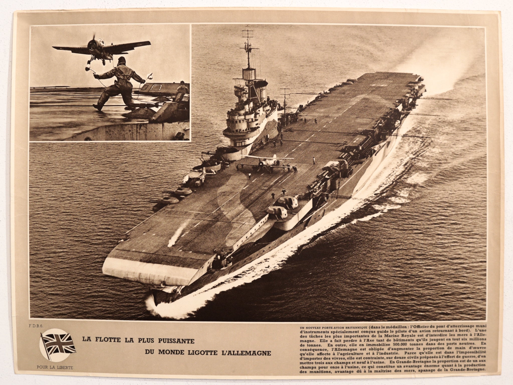 Original 1940-1945 French WWII Victory Poster - British Aircraft Carrier 