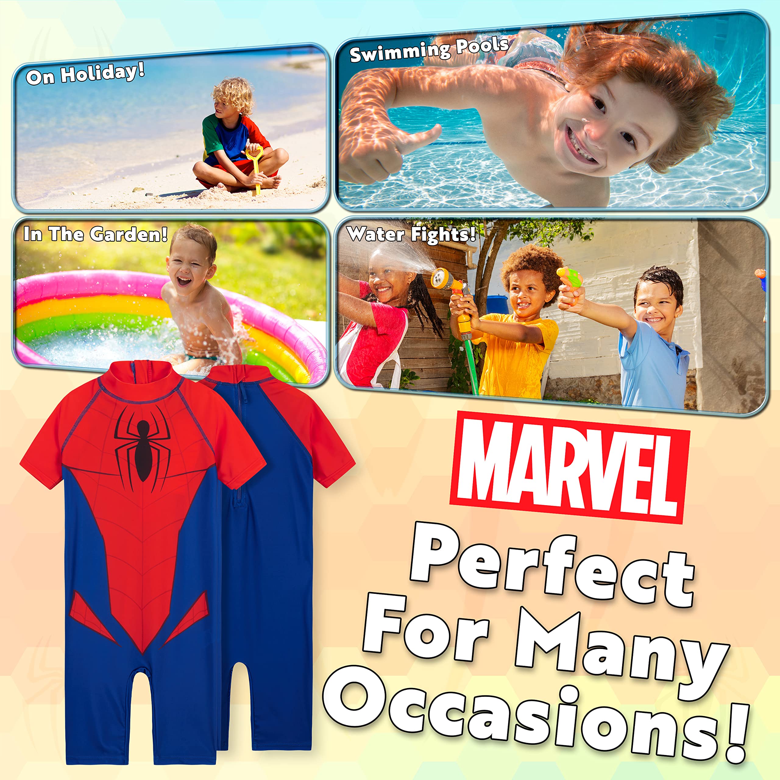 Marvel Superhero Kids Rash Guard Swimsuit - UPF 50+ Sun Protection Full Body Swimwear for Boys & Girls - Perfect for Beach, Pool, Summer Vacation & Water Sports Activities