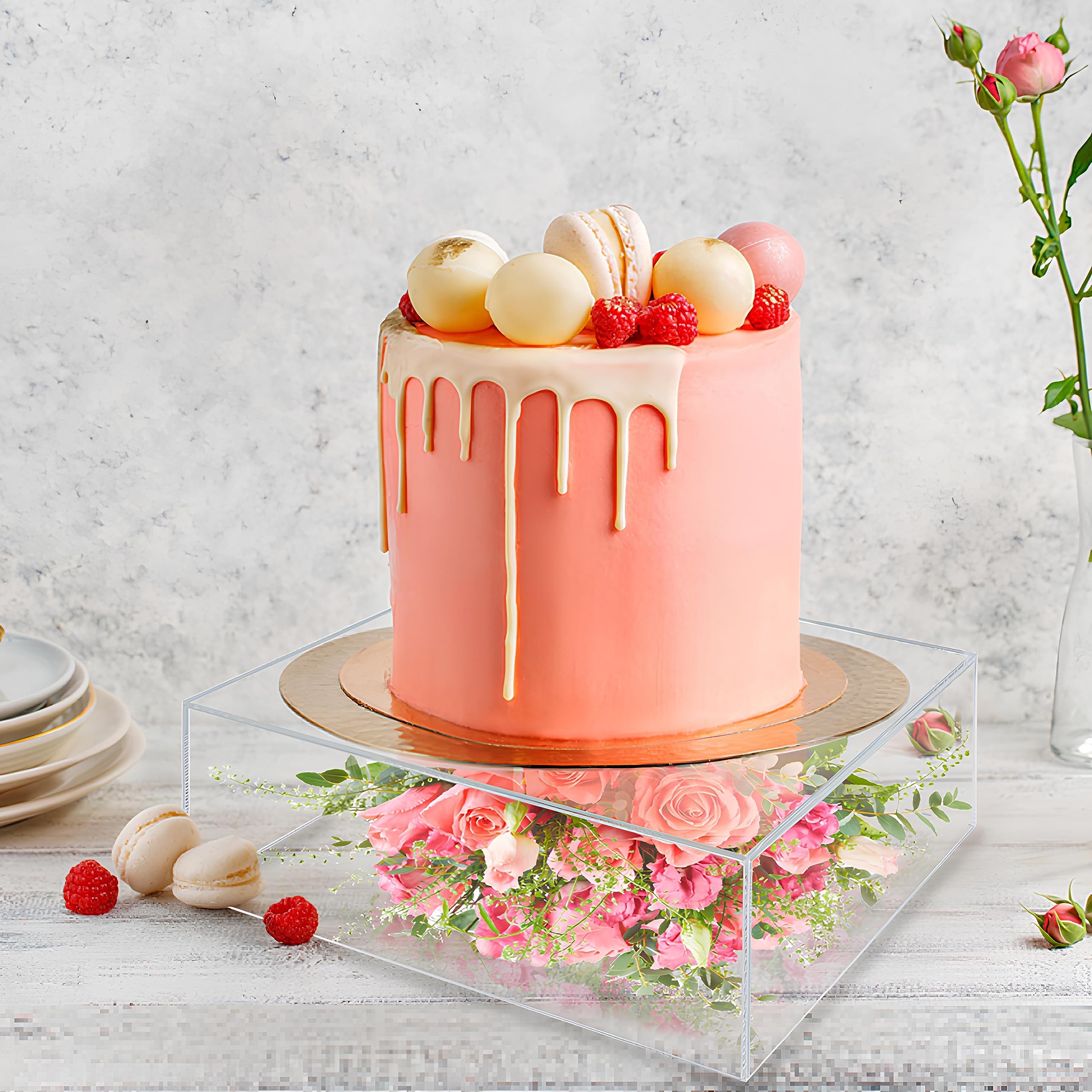 NOKI 12 Inch Square Acrylic Cake Stand with Hollow Fillable Base - Clear Decorative Dessert Display Stand for Wedding, Birthday, Party | Perfect for Showcasing Cakes, Cupcakes, Pastries at Events and Bakeries