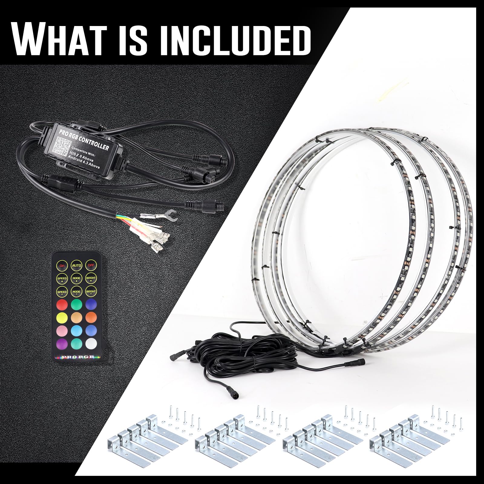 4PCS 15.5 Inch RGB+White LED Wheel Ring Lights with Turn Signal & Brake Function - Remote & APP Control - Single Row Rim Lights for Trucks, Cars, SUVs & Off-Road Vehicles - Perfect for Night Driving, Car Shows & Off-Road Adventures