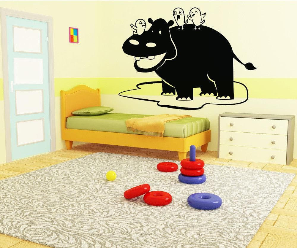 Vinyl Wall Decal Sticker - Cute Hippo with Birds Design - Removable Home Decor for Nursery, Kids Room & Living Room - Perfect for DIY Wall Art & Interior Design