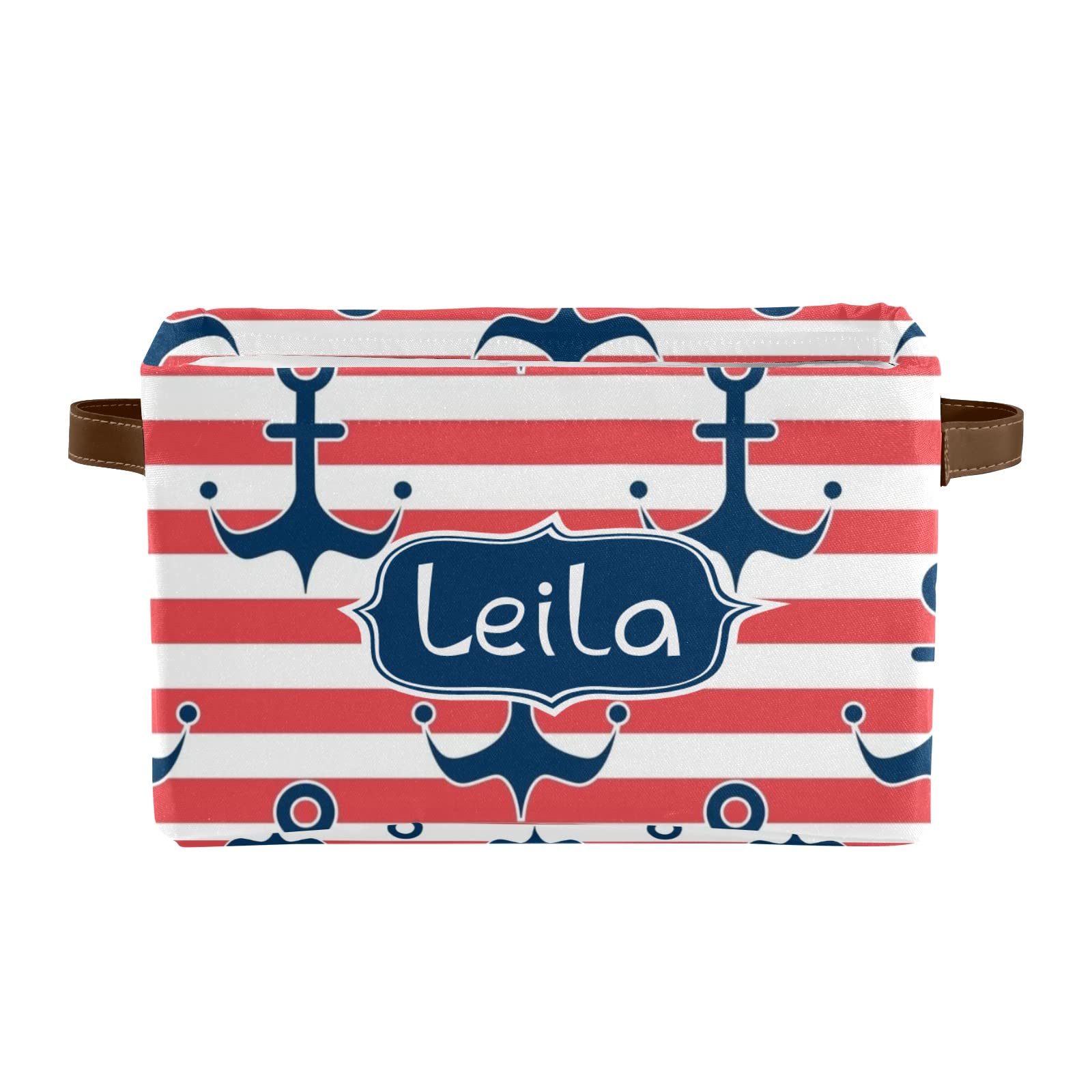 Personalized Nautical Anchor Striped Storage Bins with Handles - Custom Name Closet & Shelf Organizers (2-Pack) - Perfect for Kids' Room, Bathroom & Nursery Organization