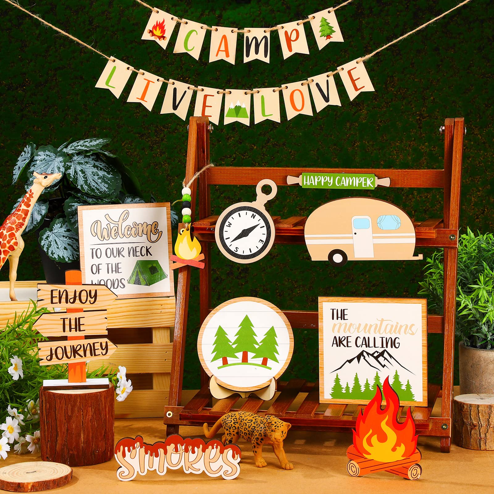 25-Piece Camping Tiered Tray Decor Set - Rustic Wooden Smores Tray with Farmhouse Signs - Perfect for Camping Parties, Campfire Barbecues & Rustic Kitchen Decorations - Great for Outdoor Gatherings and Cozy Home Displays