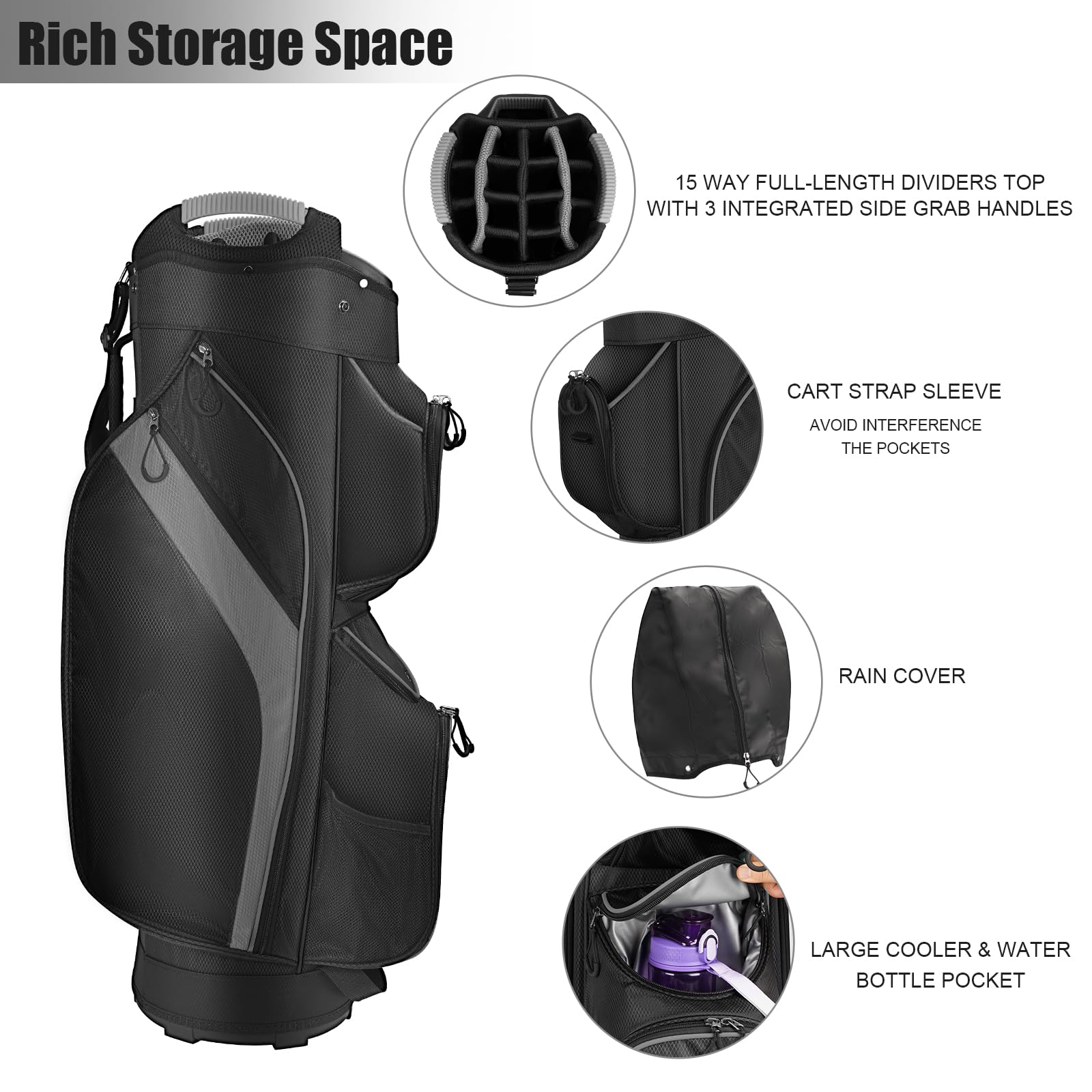 KYTAI 15-Way Golf Bag with Full-Length Dividers & 9 Pockets - Includes Rain Hood - Ergonomic Design for Men & Women | Perfect for Golf Tournaments, Driving Range & Club Storage