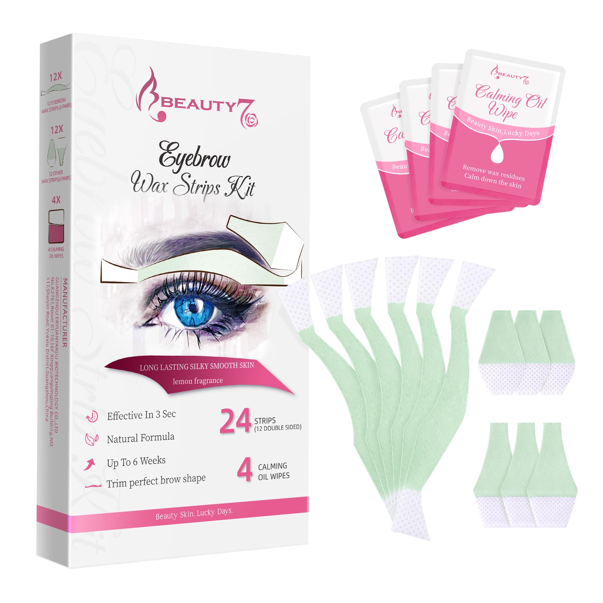Beauty7 Wax Strips Kit for Sensitive Skin - 24 Strips & 4 Calming Oil Wipes, Facial Hair Removal for Eyebrows & Lips, At-Home Waxing for Women - Perfect for Smooth Skin Care & DIY Beauty Routine