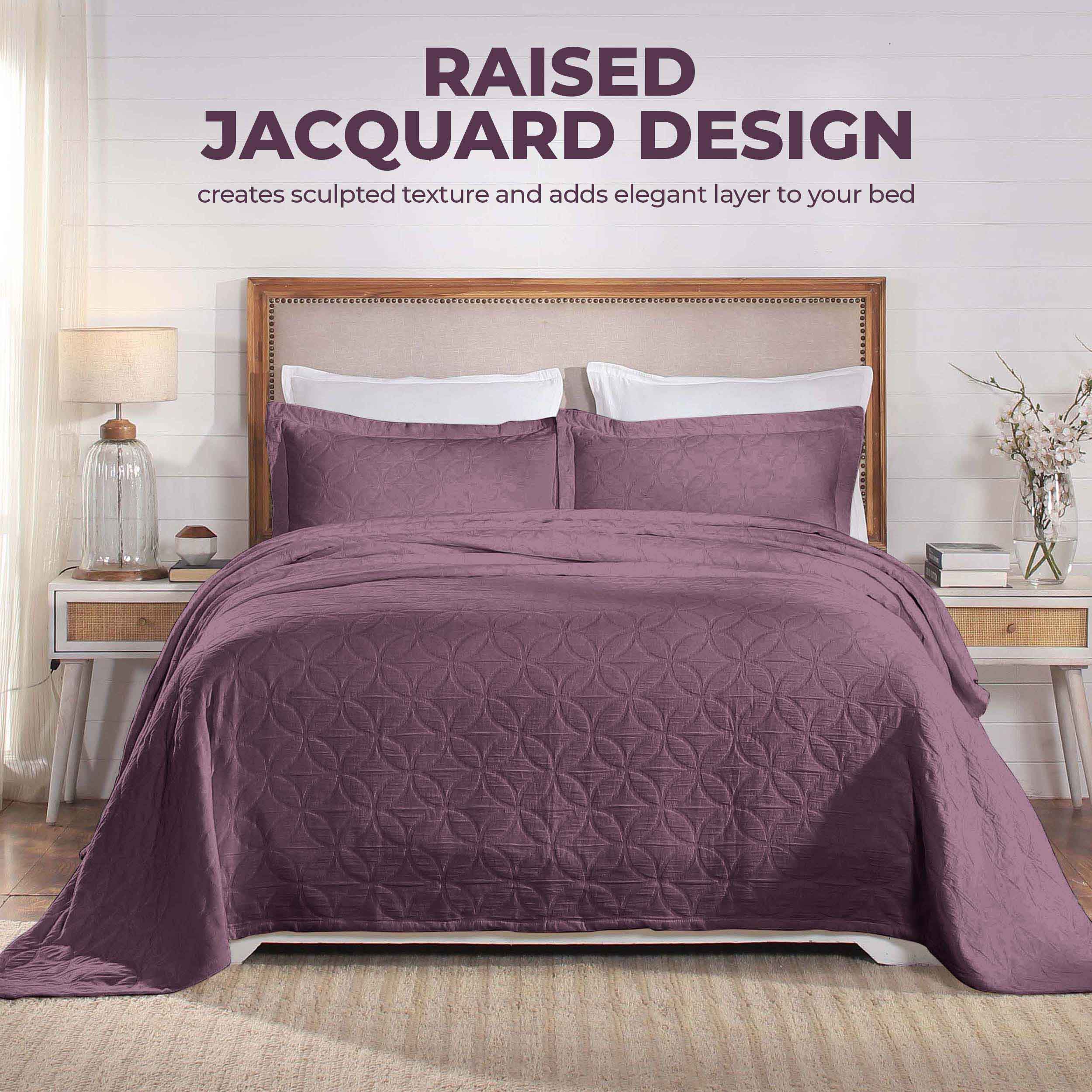 Serenity Cotton Matelasse Celtic Circle Airy Bedspread Set - Queen Size Lightweight Quilted Coverlet with All-Over Embroidery for Bedroom Decor, Guest Room & Cozy Home Styling