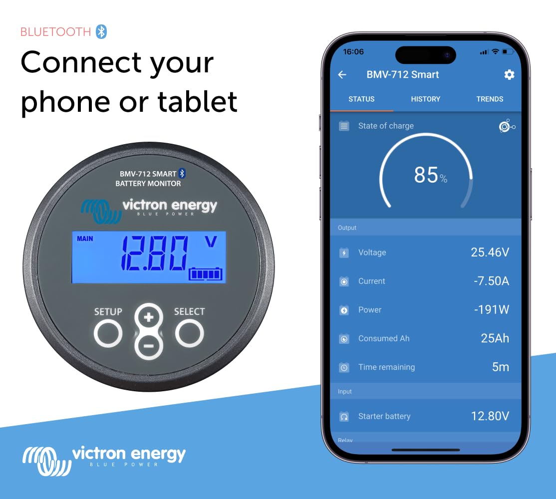 Victron Energy BMV-712 Smart Battery Monitor with Bluetooth - Accurate Voltage, Current & Power Tracking for RVs, Boats & Solar Systems (Grey)