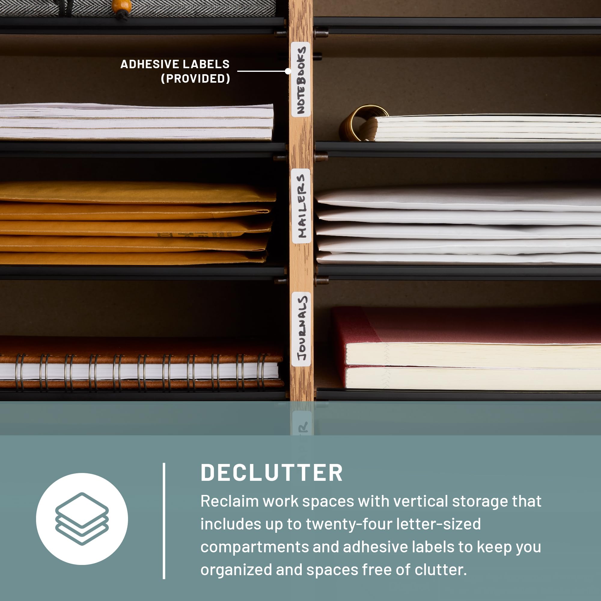 Safco Medium Oak Wooden Paper & Mail Organizer - Adjustable Shelves, Stackable Design, 32 Compartments with Drawers - Perfect for Home Office, Classroom & Workspace Organization