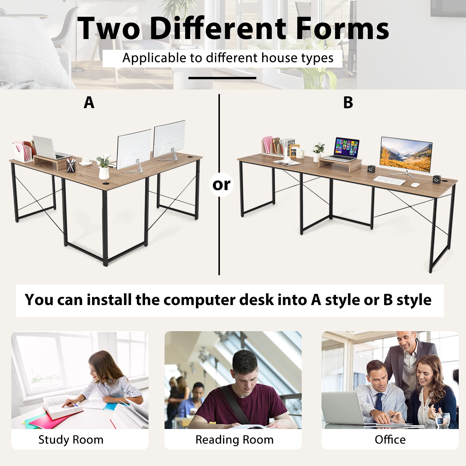 Tangkula 95 Inch L-Shaped Reversible Corner Computer Desk with Monitor Stand & Cable Management - Spacious 2-Person Home Office Desk for Gaming, Study & Work - Natural Wood Finish (Perfect for Small Spaces & Shared Workstations)