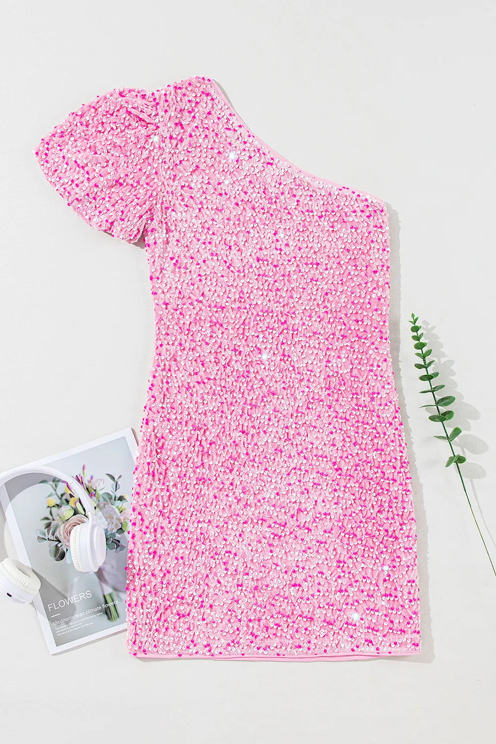 Sparkly Sequin One Shoulder Short Sleeve Mini Dress for Women - Sexy Clubwear & Cocktail Party Outfit for Night Out, Bachelorette, Date Night