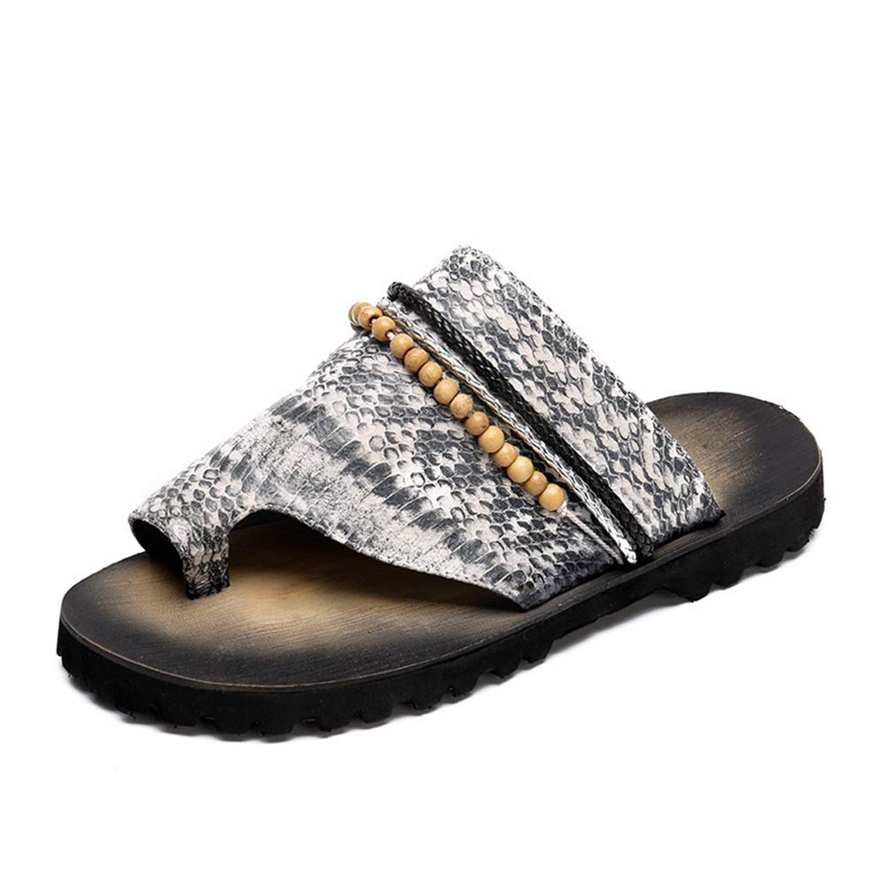 Premium Genuine Leather Men's Bohemian Sandals with Wooden Beads - Slip-On Casual Slippers for Home & Outdoor Wear (White, Size 10 US) - Perfect for Beach, Yoga, and Relaxation