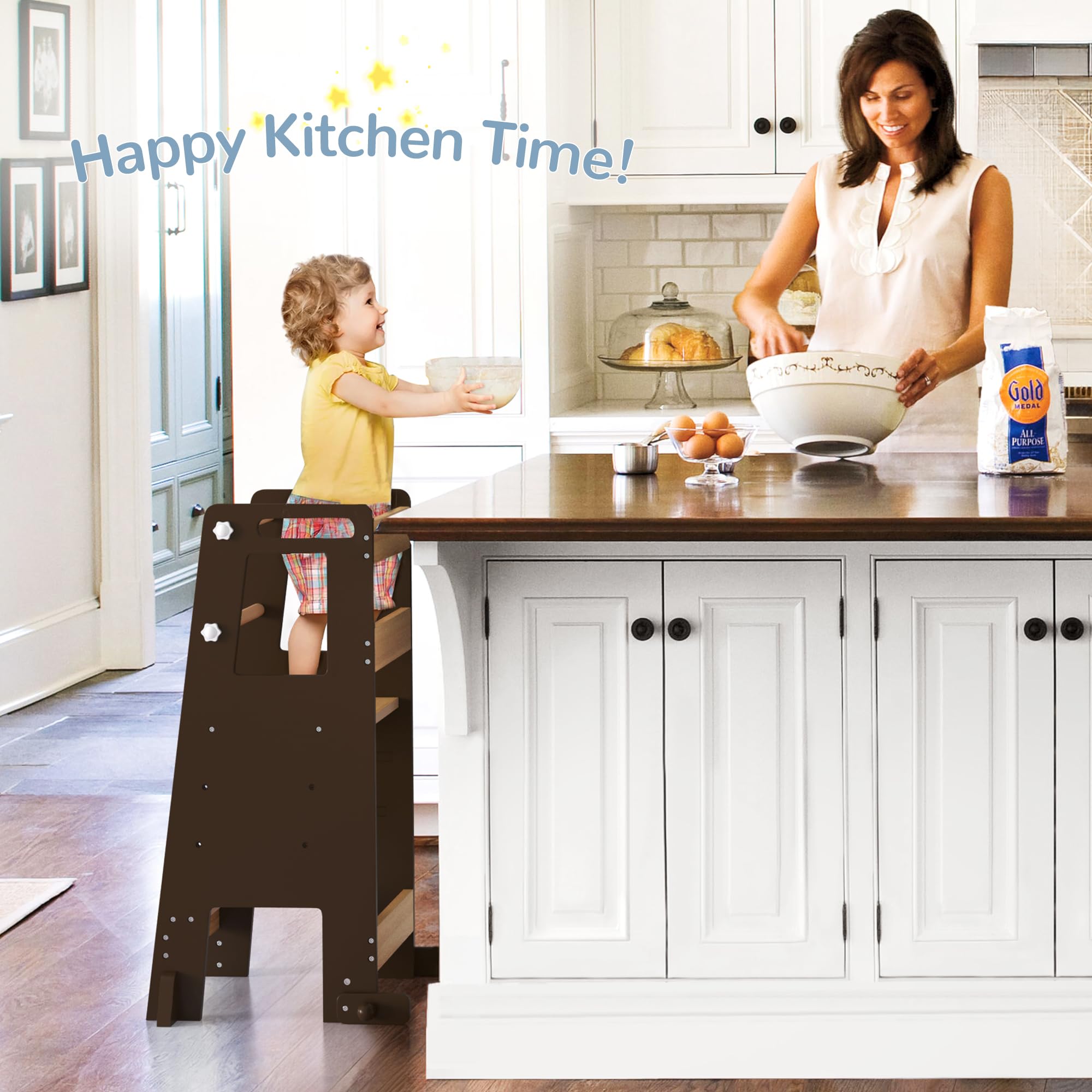 **Adjustable Toddler Step Stool with Safety Rails - Dark Natural Wood Kitchen Helper Tower for Kids - Perfect for Cooking, Bathroom Sink & Bedroom Climbing**