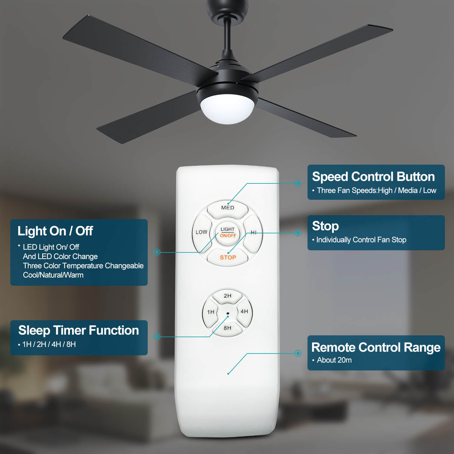 Black 52-Inch 4-Blade Ceiling Fan with 3-Color LED Light and AC Motor - Perfect for Living Room, Bedroom, and Outdoor Patio Cooling