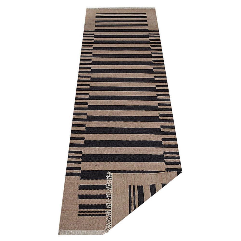 Handwoven Flat Weave Kilim Wool Eco-Friendly Area Rugs - 3'x13' Runner, Cream Charcoal Modern Design, Low Pile Handmade Carpet for Living Room, Hallway & Entryway | Sustainable Natural Fiber Rug for Home Decor