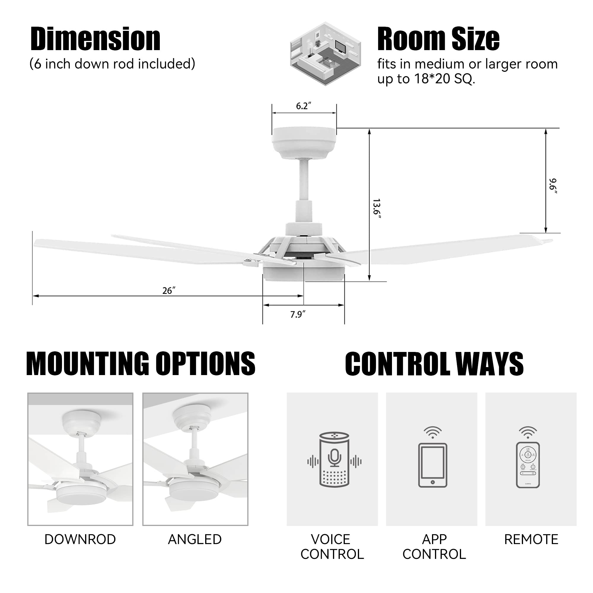 SMAAIR 52 inch Smart Ceiling Fan with Light - 5 Blade Low Profile Flush Mount Fan, 10 Speed Quiet DC Motor & Dimmable LED Light, APP/Alexa/Google Assistant/Siri Voice Control (White) - Perfect for Bedroom, Living Room, Kitchen and Office Spaces