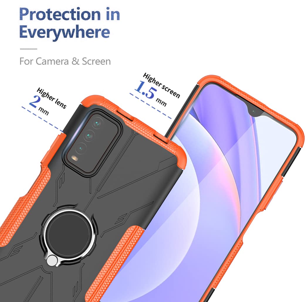Premium Shockproof Phone Case for Redmi 9T/Poco M3/Redmi Note 9 4G M2010J19SL with Tempered Glass Screen Protector & Metal Ring Holder Kickstand - Durable Protection Cover for Xiaomi Redmi 9T (Orange) - Perfect for Work, Travel & Outdoor Activities