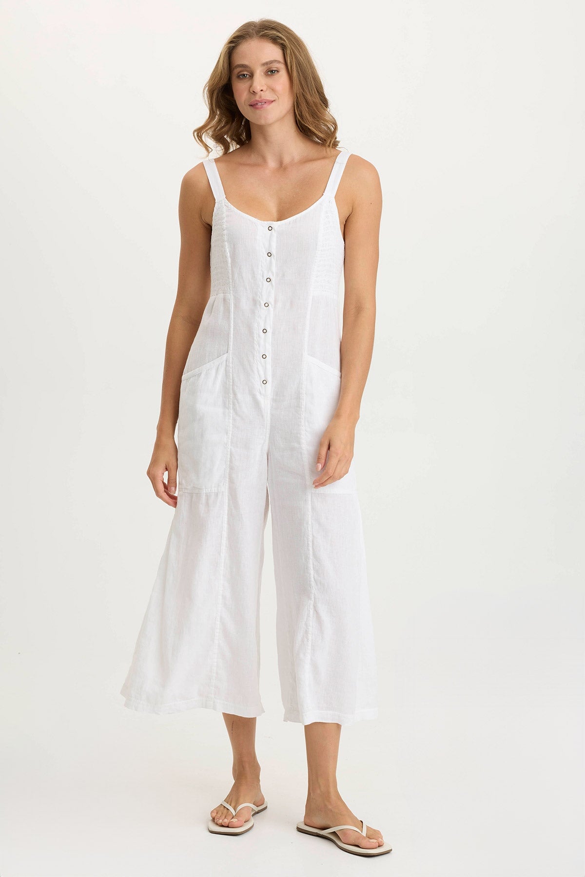 Leoda Women's Linen Snap Up Jumpsuit - Comfortable Summer Romper with Pockets for Beach, Travel & Casual Wear