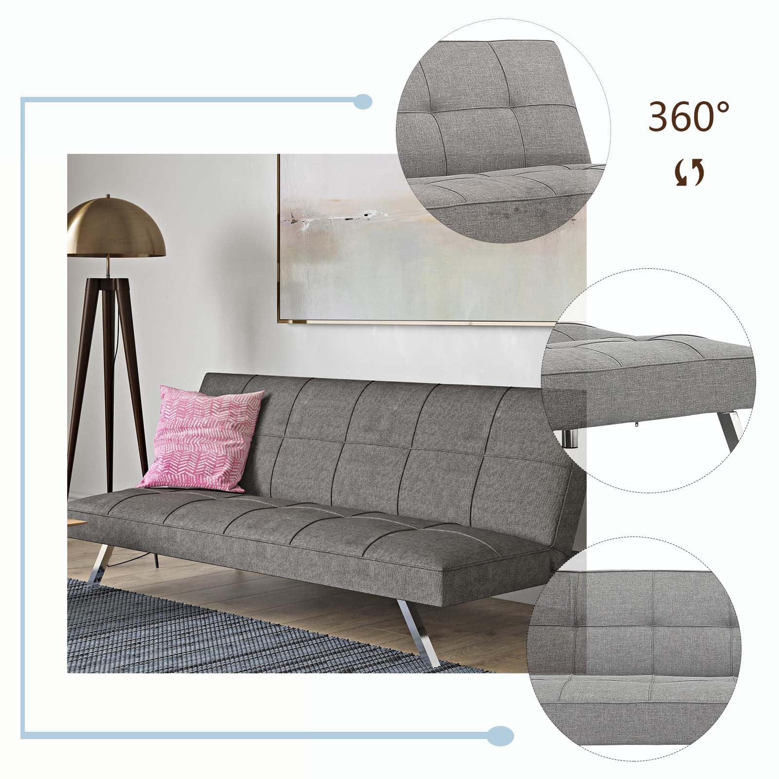 Convertible Folding Futon Sofa Bed with Sturdy Metal Frame & Stainless Steel Legs - Multifunctional 3-in-1 Design as Sofa, Lounge Chair & Single Bed - Space Saving Solution for Small Apartments, Living Rooms, Home Offices & Guest Rooms - Modern Grey Fabric