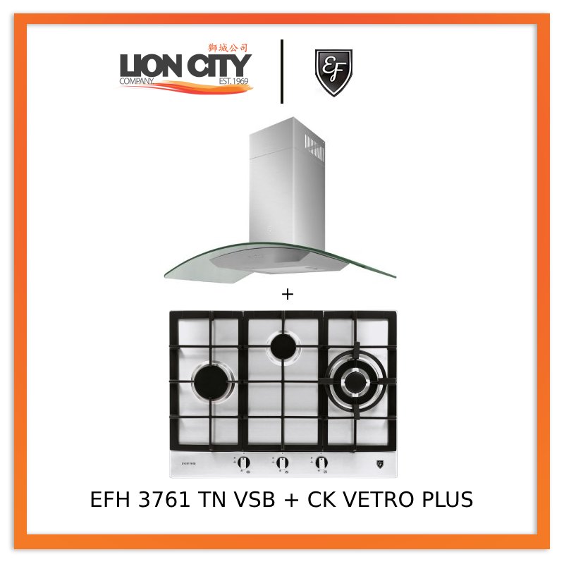 EF 90 CM Chimney Cooker Hood CK Vetro Plus & EFH 3761 TN VSB 68cm Built-in Stainless Steel Gas Hob - Modern Kitchen Ventilation & Cooking Solution for Home Chefs