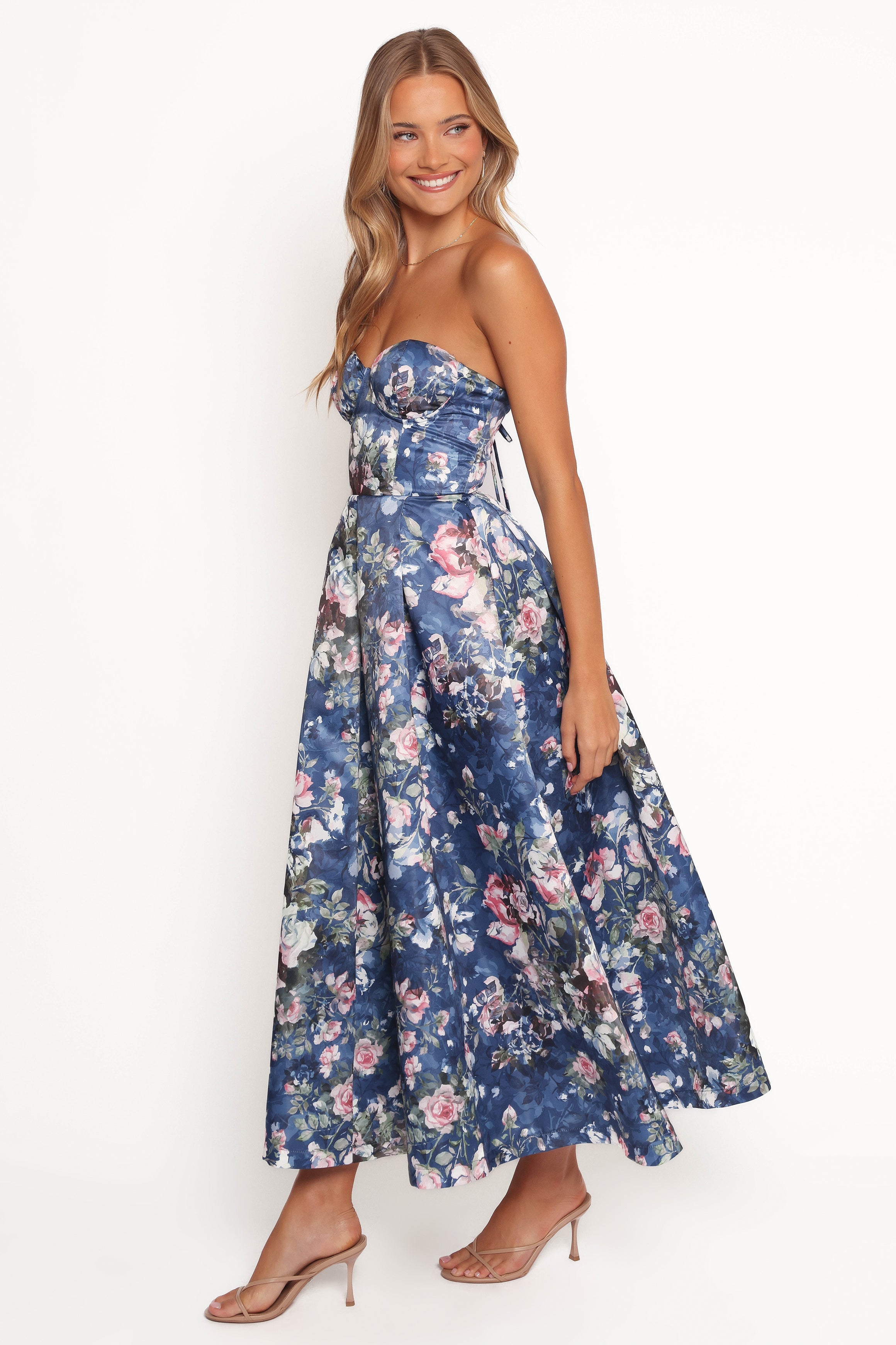 Strapless Midi Dress for Women - Elegant Floral Print, A-Line Silhouette, Perfect for Cocktail Parties, Date Nights & Summer Weddings