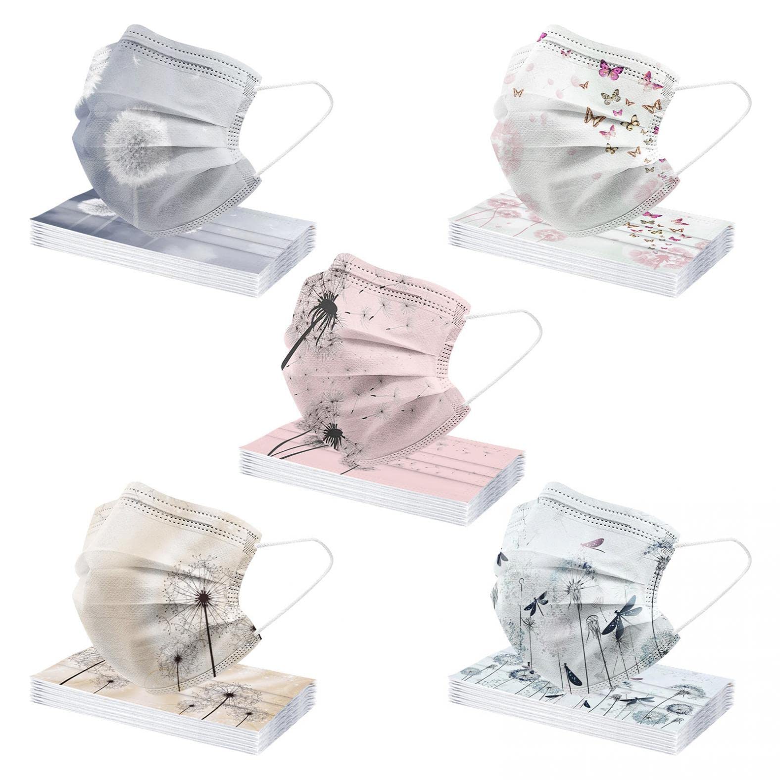 50 Pack Disposable Face Masks for Women - Cute Colorful Printed 3-Ply with Nose Wire | Breathable Protective Masks for Daily Use, Shopping & Travel