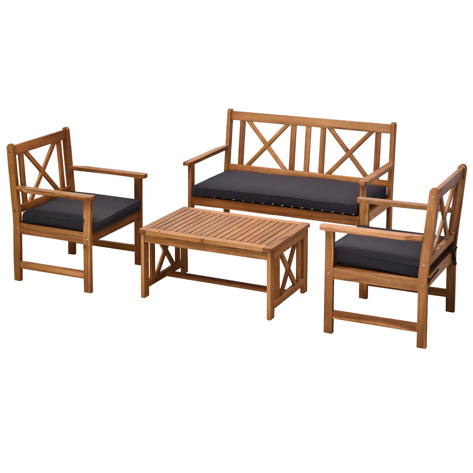 Outsunny 4-Piece Acacia Wood Patio Furniture Set with 2 Armchairs, 1 Sofa & Coffee Table - Includes Cushions - Perfect for Outdoor Garden, Backyard, Poolside & Balcony Relaxation