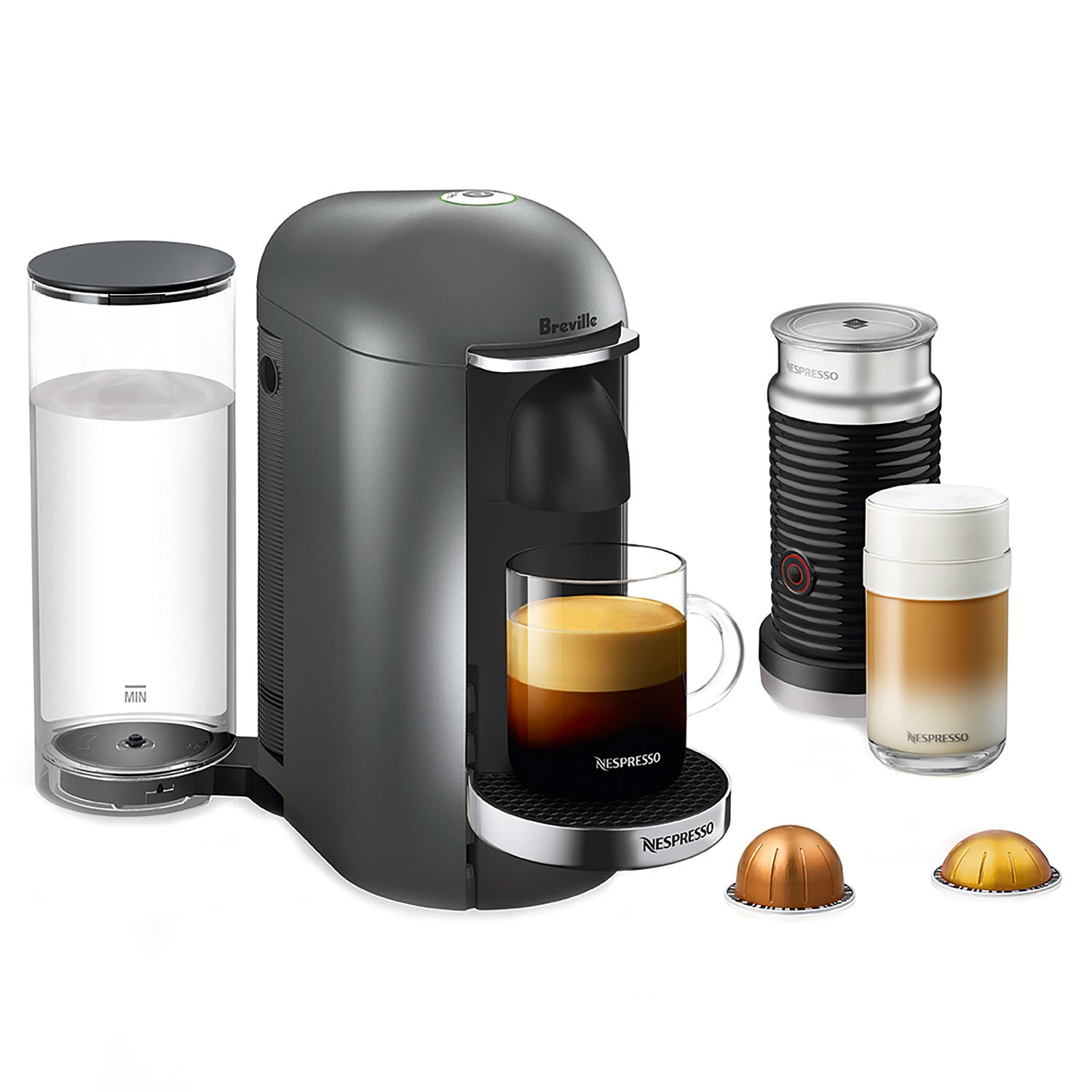 Nespresso Vertuo Plus Deluxe Coffee and Espresso Machine by Breville - Titan with Aeroccino Milk Frother - Perfect for Home, Office, and Gifts